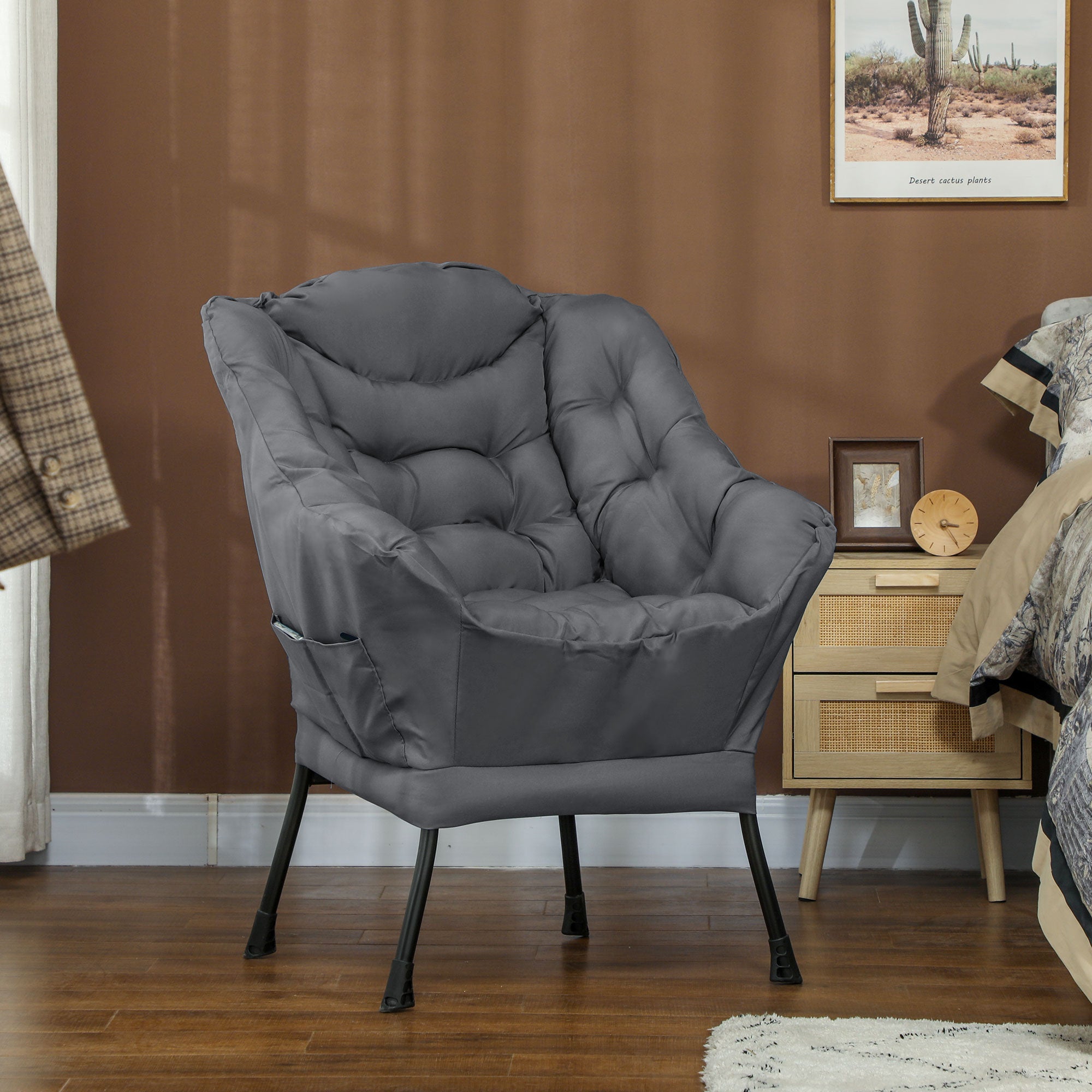 HOMCOM Modern Accent Chair, Linen Fabric Armchair with Side Pockets and Solid Steel Legs, Comfy Reading Chair for Living Room, Bedroom, Grey