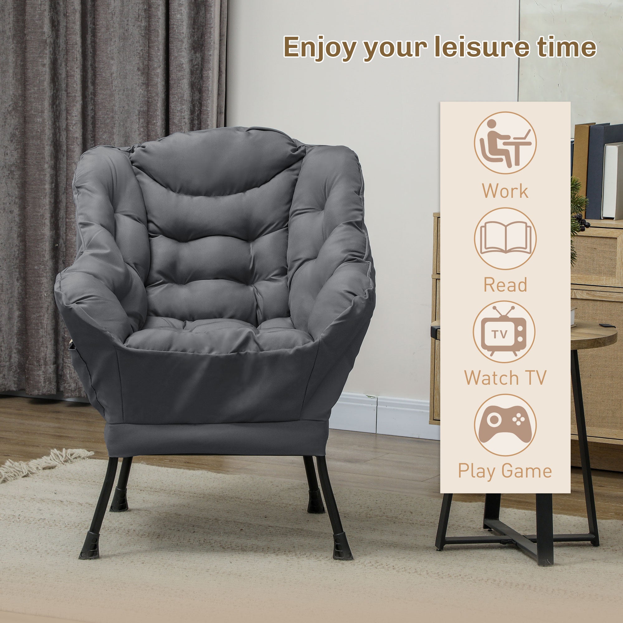 HOMCOM Modern Accent Chair, Linen Fabric Armchair with Side Pockets and Solid Steel Legs, Comfy Reading Chair for Living Room, Bedroom, Grey