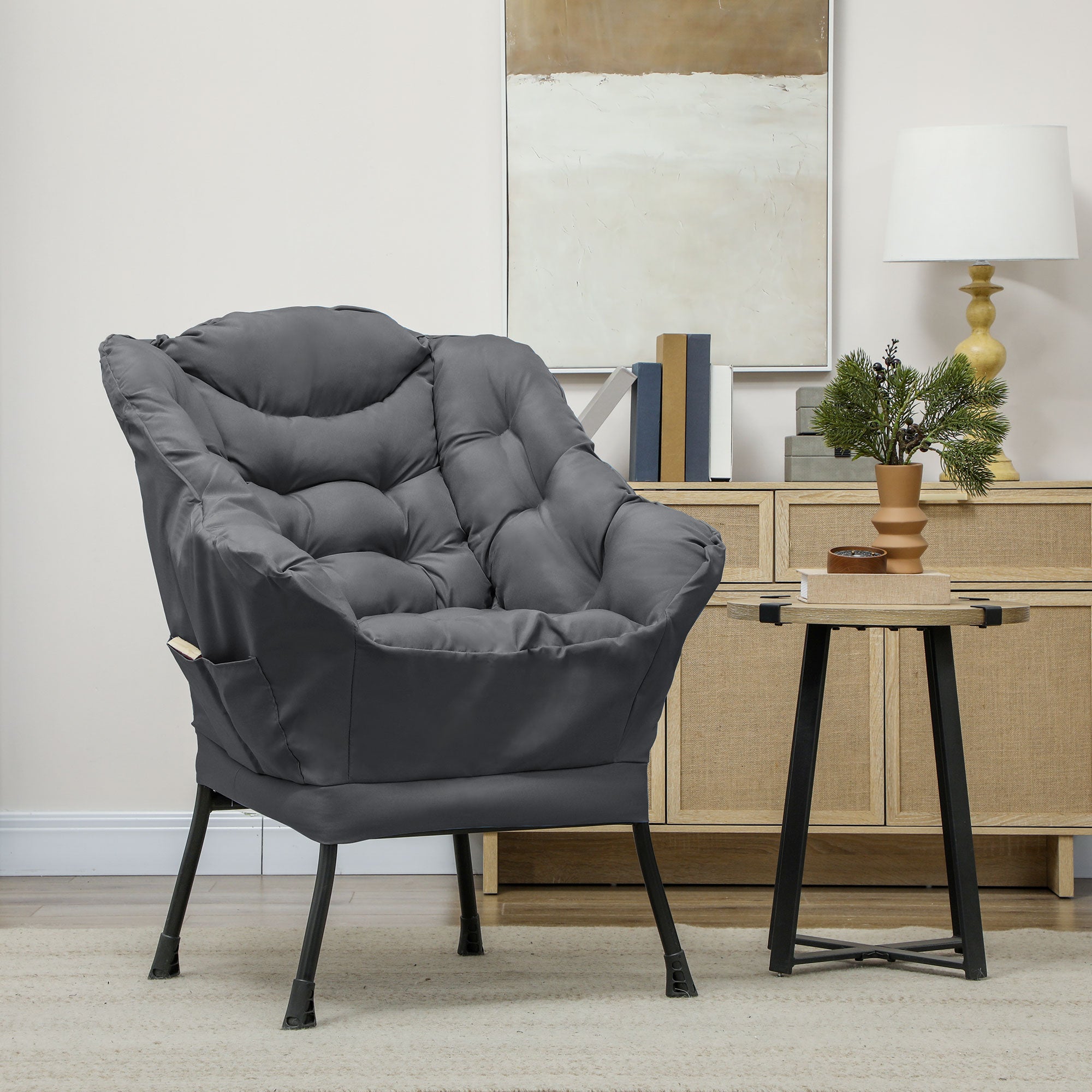 HOMCOM Modern Accent Chair, Linen Fabric Armchair with Side Pockets and Solid Steel Legs, Comfy Reading Chair for Living Room, Bedroom, Grey