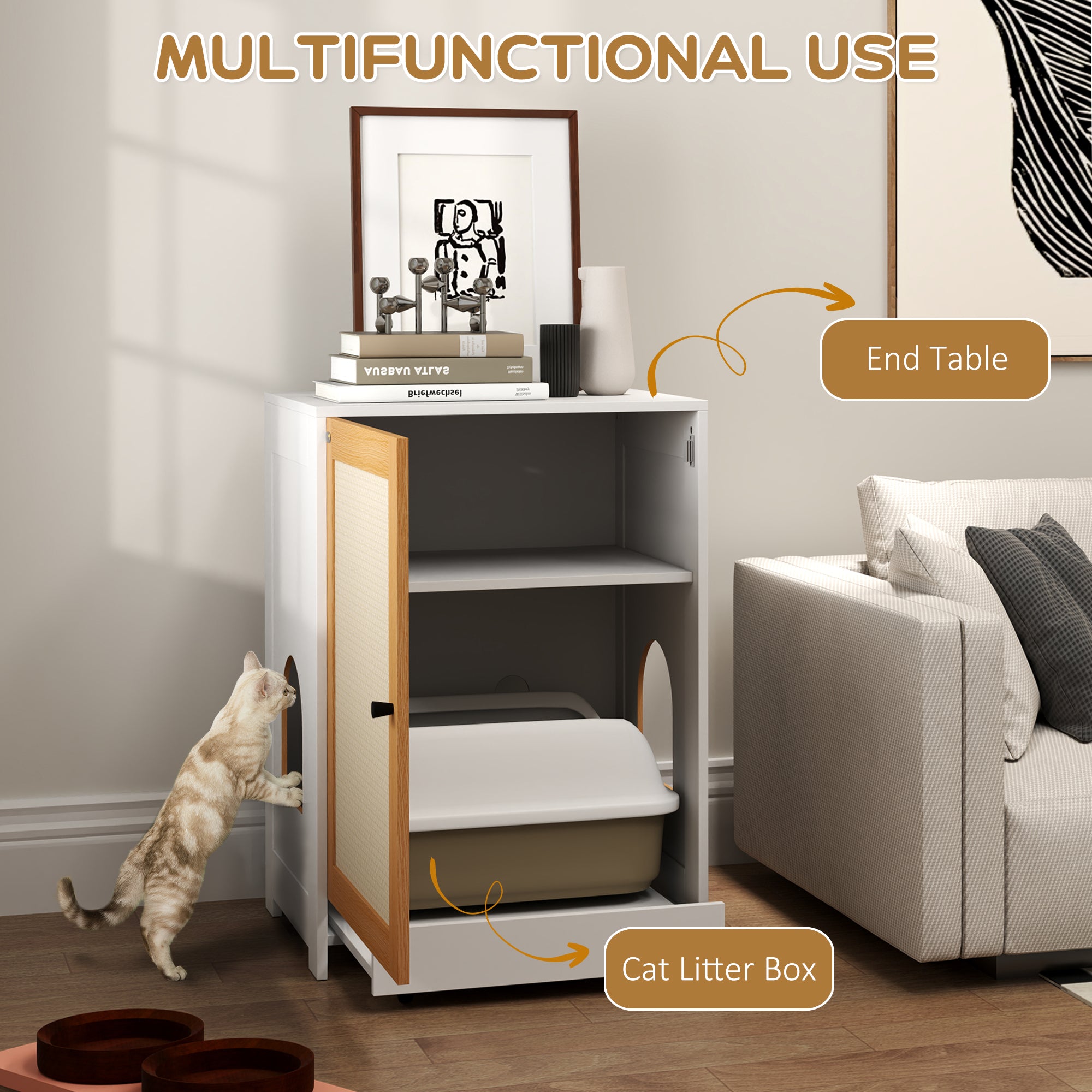 PawHut Cat Litter Box Enclosure, Hidden Litter Box Furniture with Pull-Out Tray, Indoor Cat Washroom with Storage Cabinet,  Scratching Mat, Oak