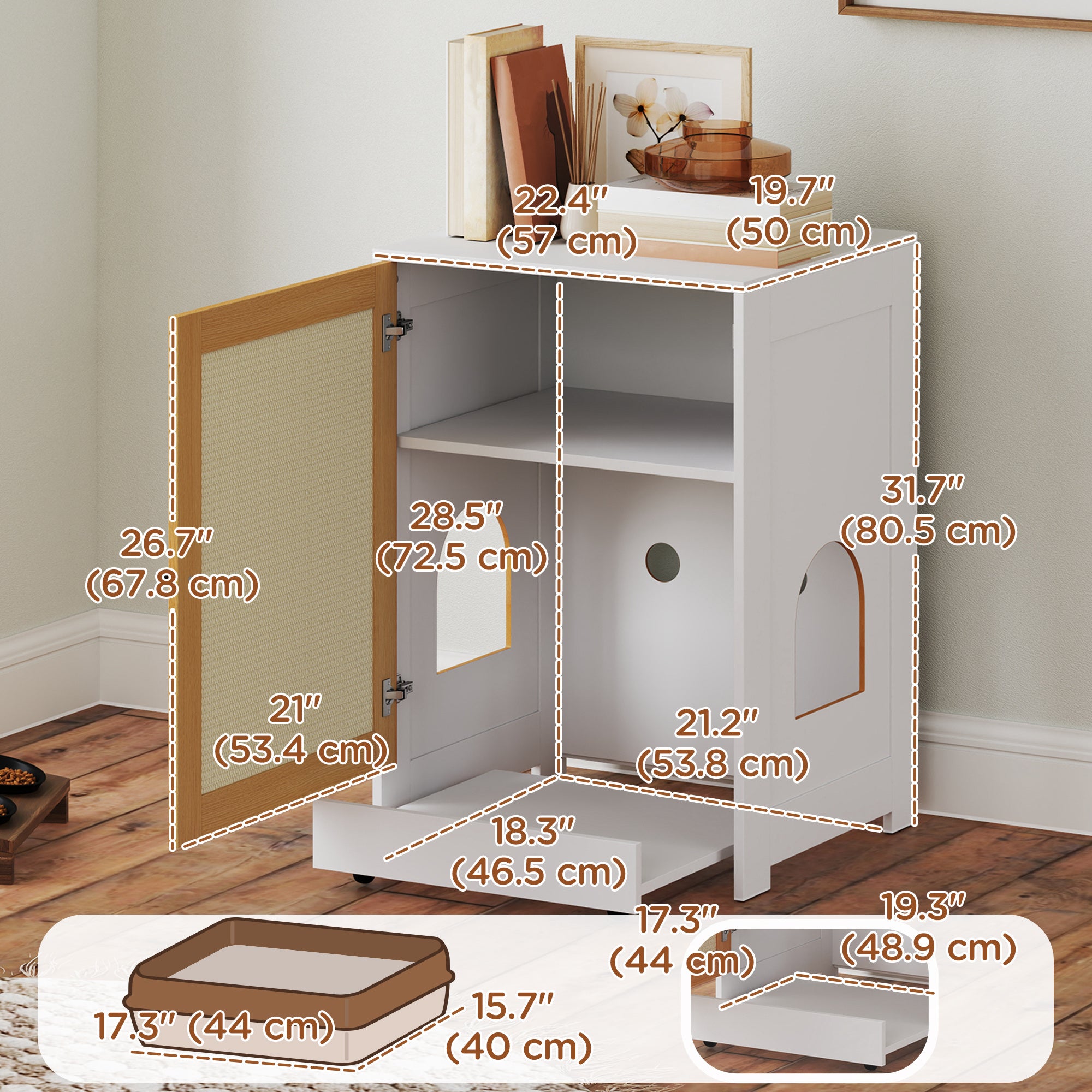 PawHut Cat Litter Box Enclosure, Hidden Litter Box Furniture with Pull-Out Tray, Indoor Cat Washroom with Storage Cabinet,  Scratching Mat, Oak