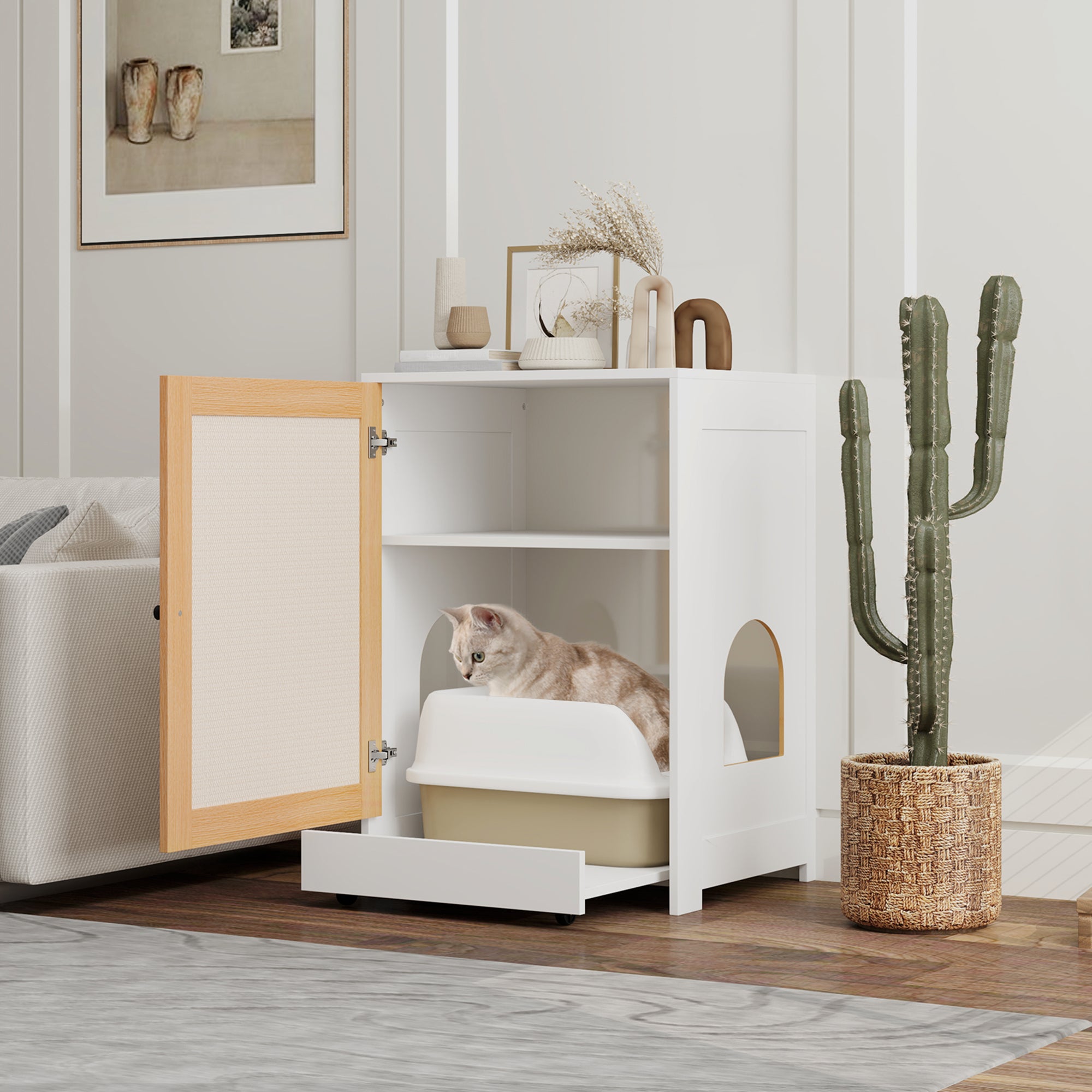 PawHut Cat Litter Box Enclosure, Hidden Litter Box Furniture with Pull-Out Tray, Indoor Cat Washroom with Storage Cabinet,  Scratching Mat, Oak