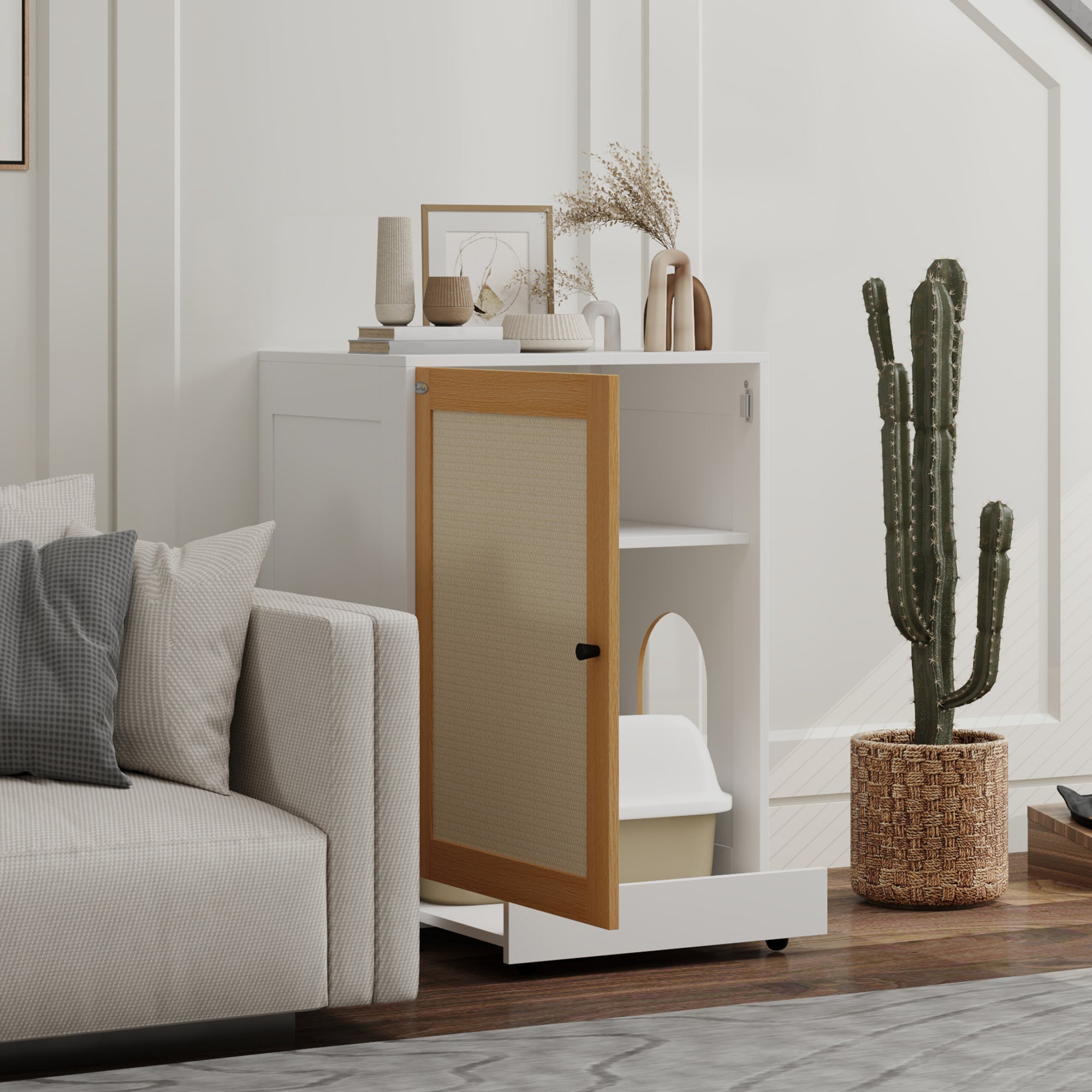 PawHut Cat Litter Box Enclosure, Hidden Litter Box Furniture with Pull-Out Tray, Indoor Cat Washroom with Storage Cabinet,  Scratching Mat, Oak