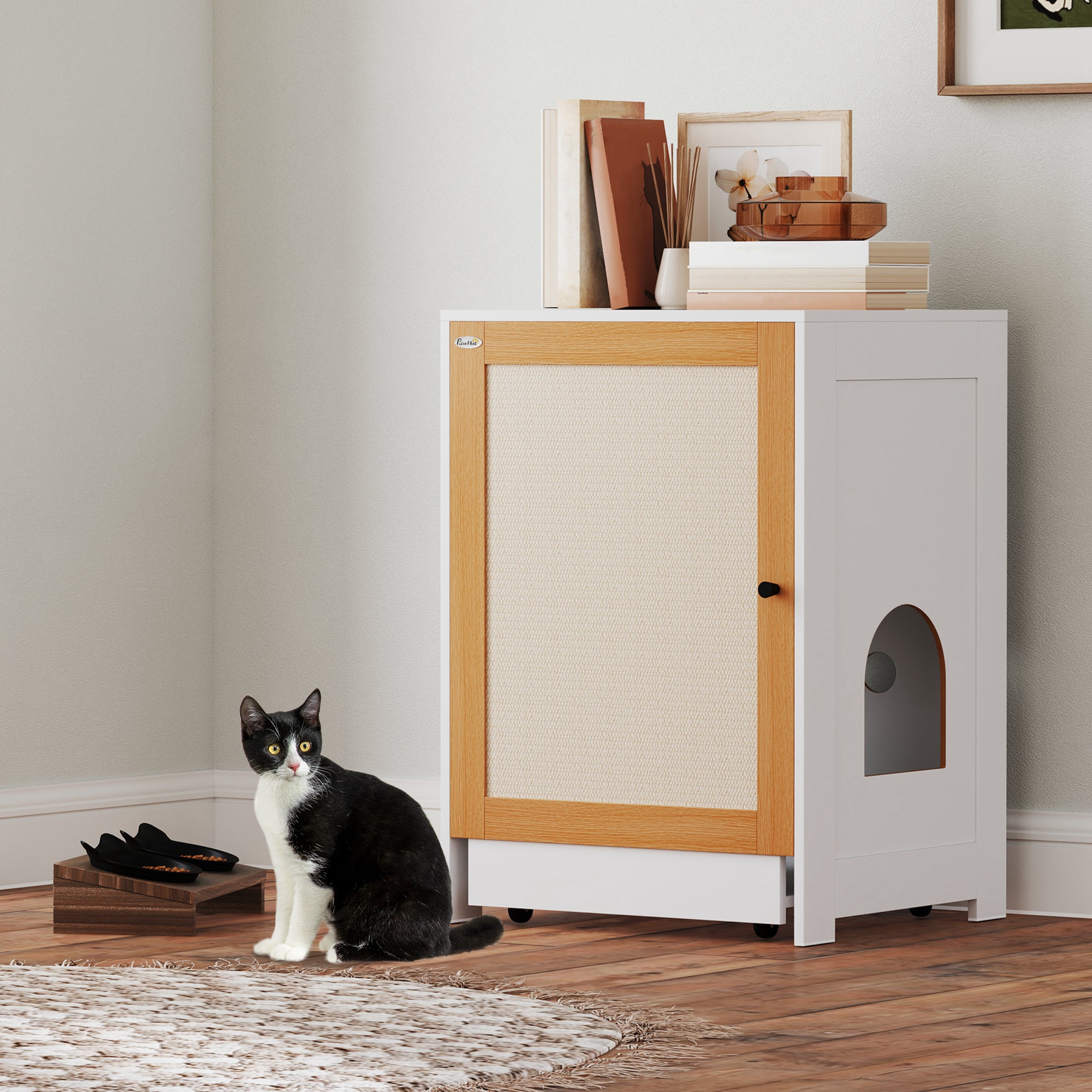 PawHut Cat Litter Box Enclosure, Hidden Litter Box Furniture with Pull-Out Tray, Indoor Cat Washroom with Storage Cabinet,  Scratching Mat, Oak