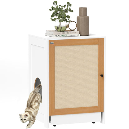 PawHut Cat Litter Box Enclosure, Hidden Litter Box Furniture with Pull-Out Tray, Indoor Cat Washroom with Storage Cabinet,  Scratching Mat, Oak