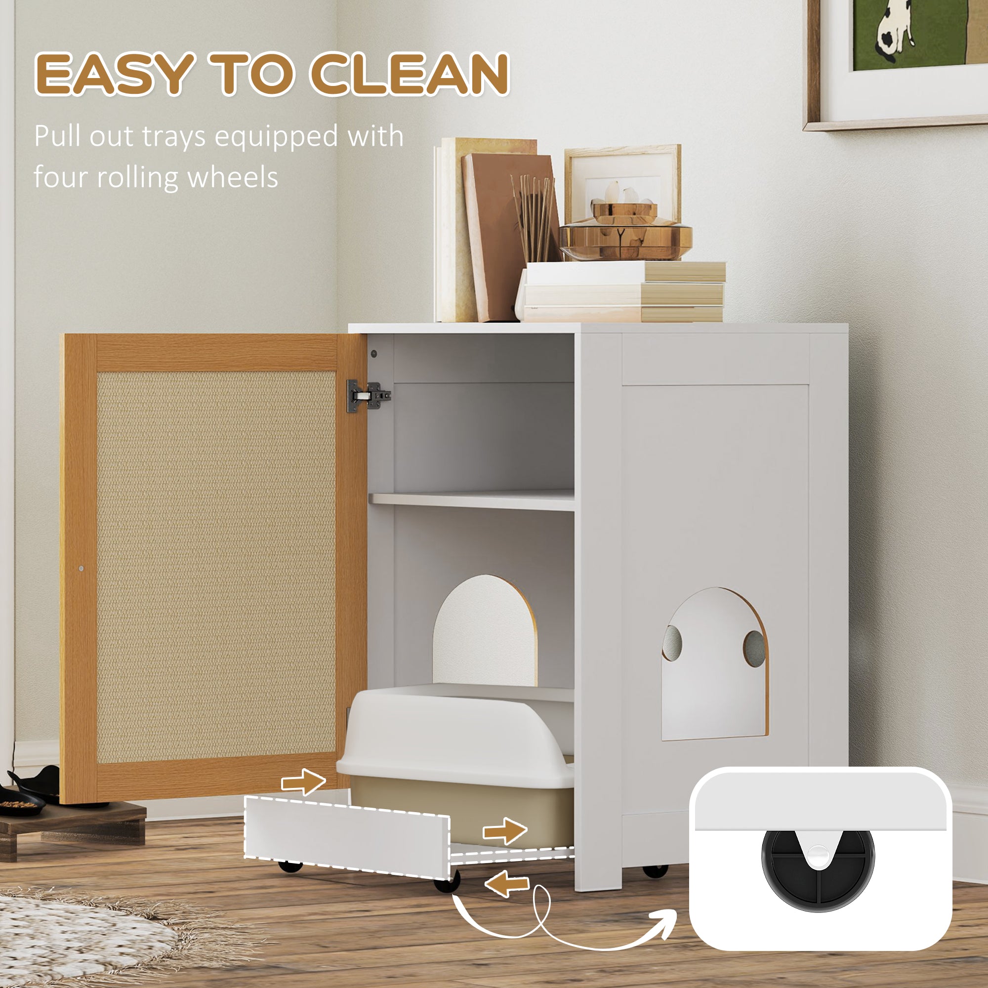 PawHut Cat Litter Box Enclosure, Hidden Litter Box Furniture with Pull-Out Tray, Indoor Cat Washroom with Storage Cabinet,  Scratching Mat, Oak