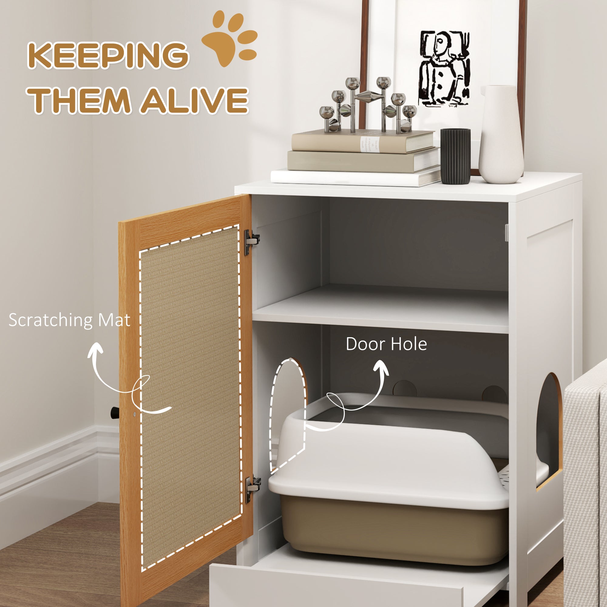 PawHut Cat Litter Box Enclosure, Hidden Litter Box Furniture with Pull-Out Tray, Indoor Cat Washroom with Storage Cabinet,  Scratching Mat, Oak