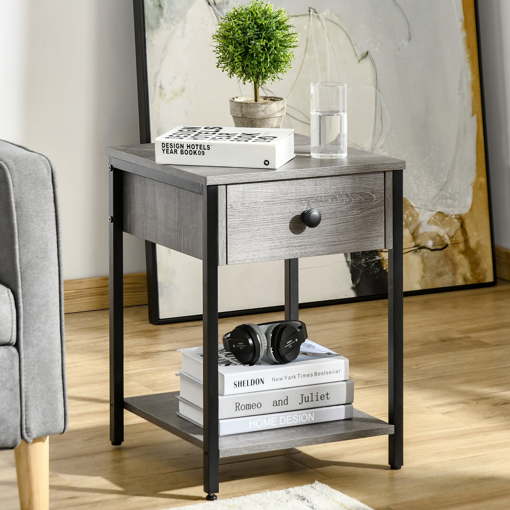 HOMCOM Bedside Table, Industrial Nightstand with Drawer and Storage Shelf, Accent End Table for Bedroom, Grey