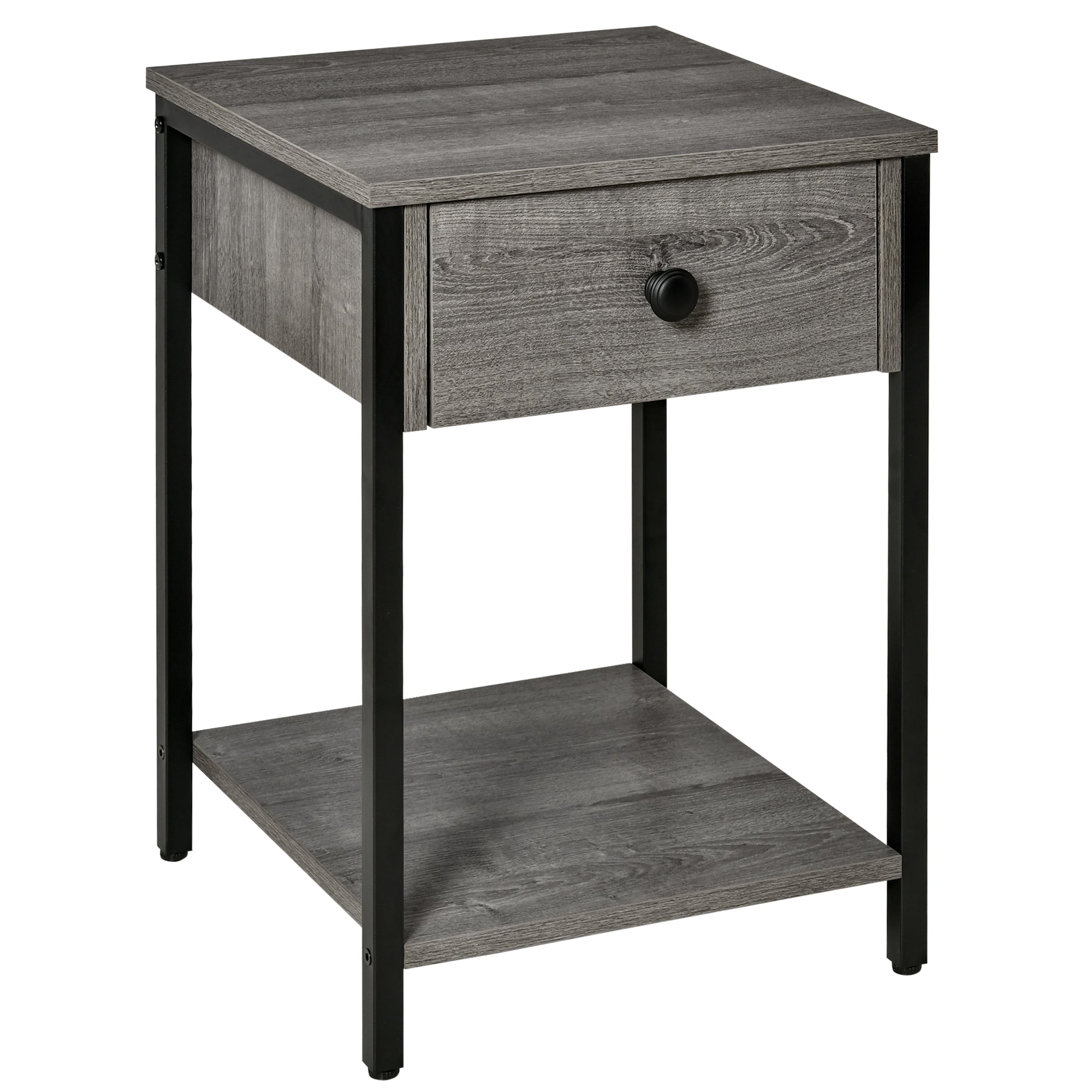 HOMCOM Bedside Table, Industrial Nightstand with Drawer and Storage Shelf, Accent End Table for Bedroom, Grey