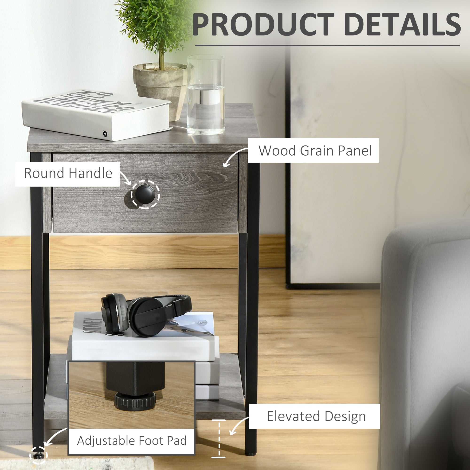 HOMCOM Bedside Table, Industrial Nightstand with Drawer and Storage Shelf, Accent End Table for Bedroom, Grey
