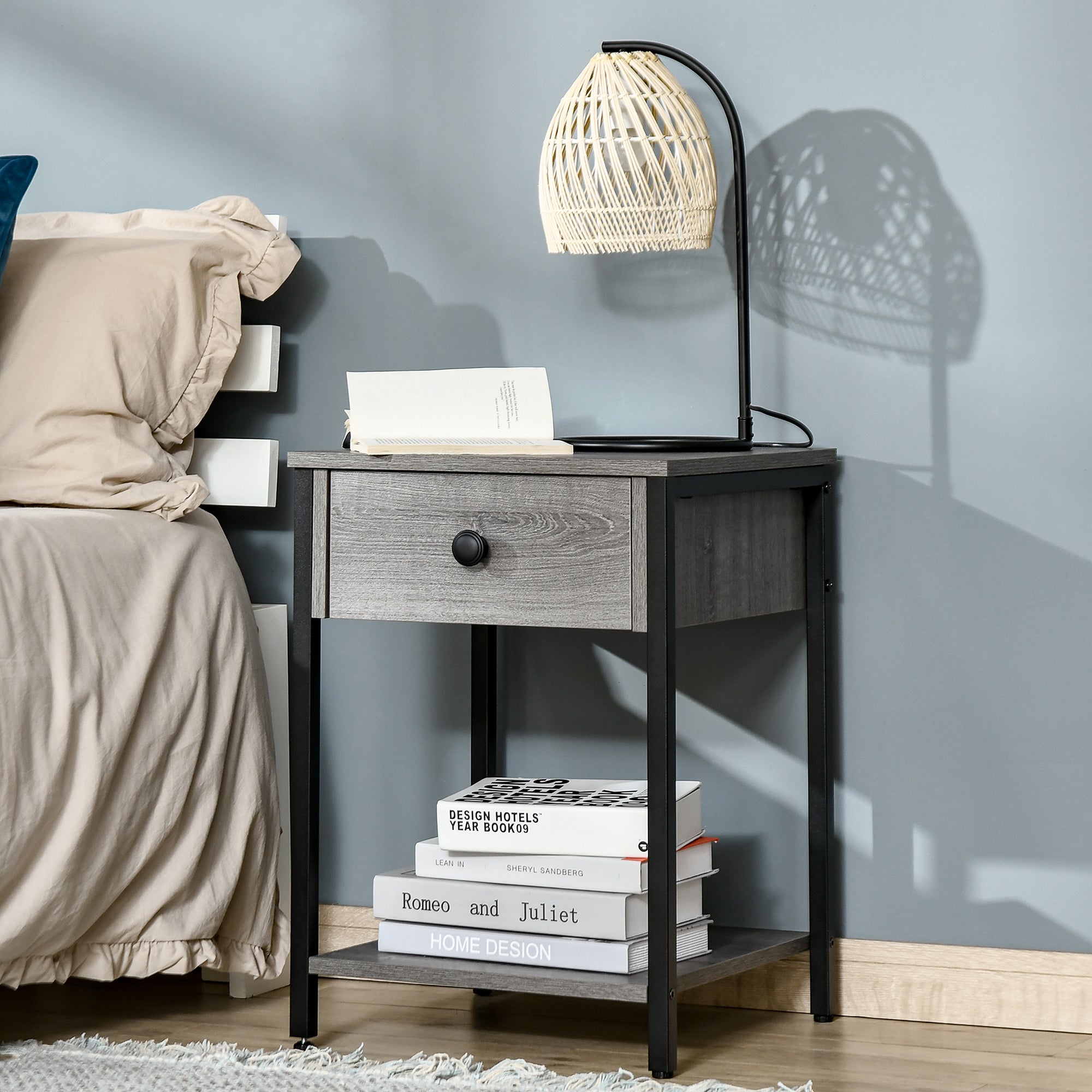 HOMCOM Bedside Table, Industrial Nightstand with Drawer and Storage Shelf, Accent End Table for Bedroom, Grey
