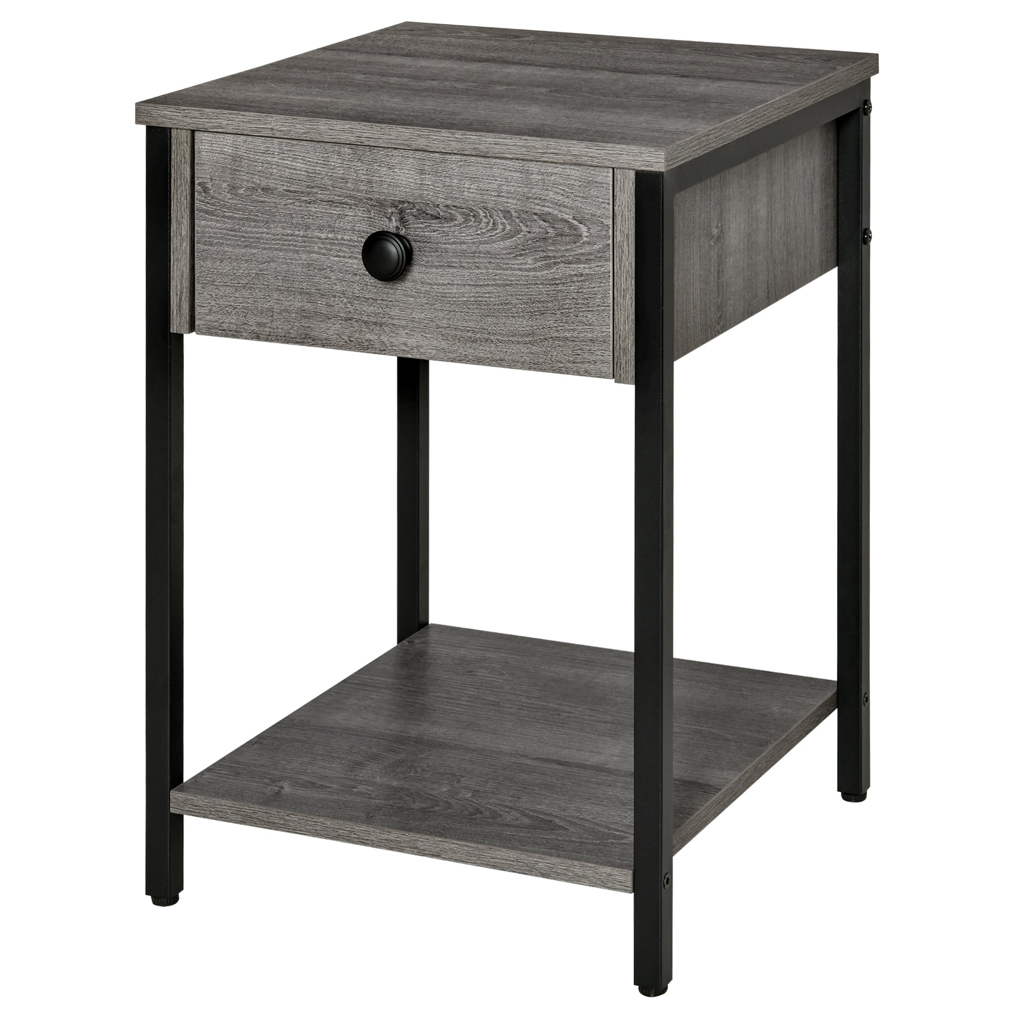 HOMCOM Bedside Table, Industrial Nightstand with Drawer and Storage Shelf, Accent End Table for Bedroom, Grey