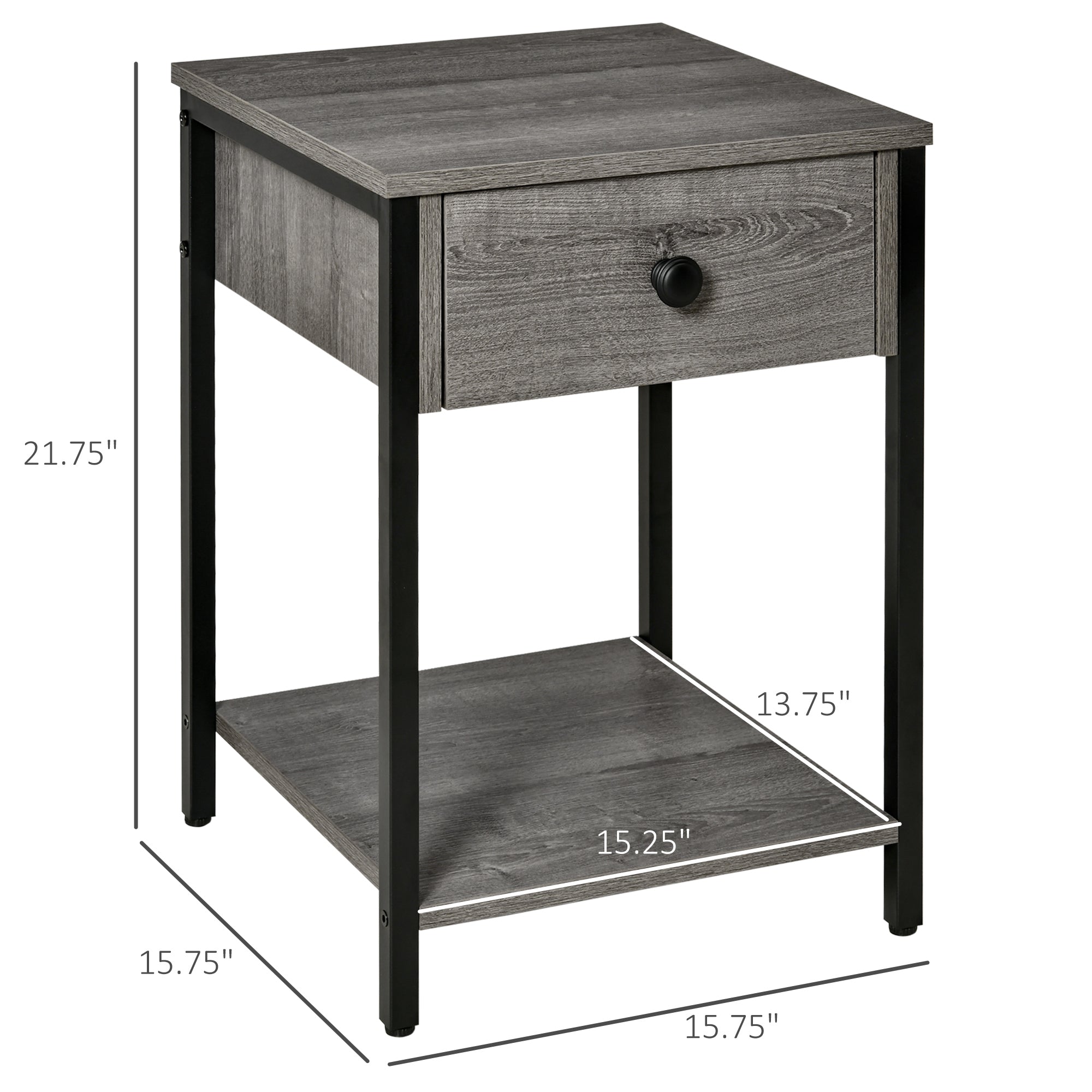 HOMCOM Bedside Table, Industrial Nightstand with Drawer and Storage Shelf, Accent End Table for Bedroom, Grey