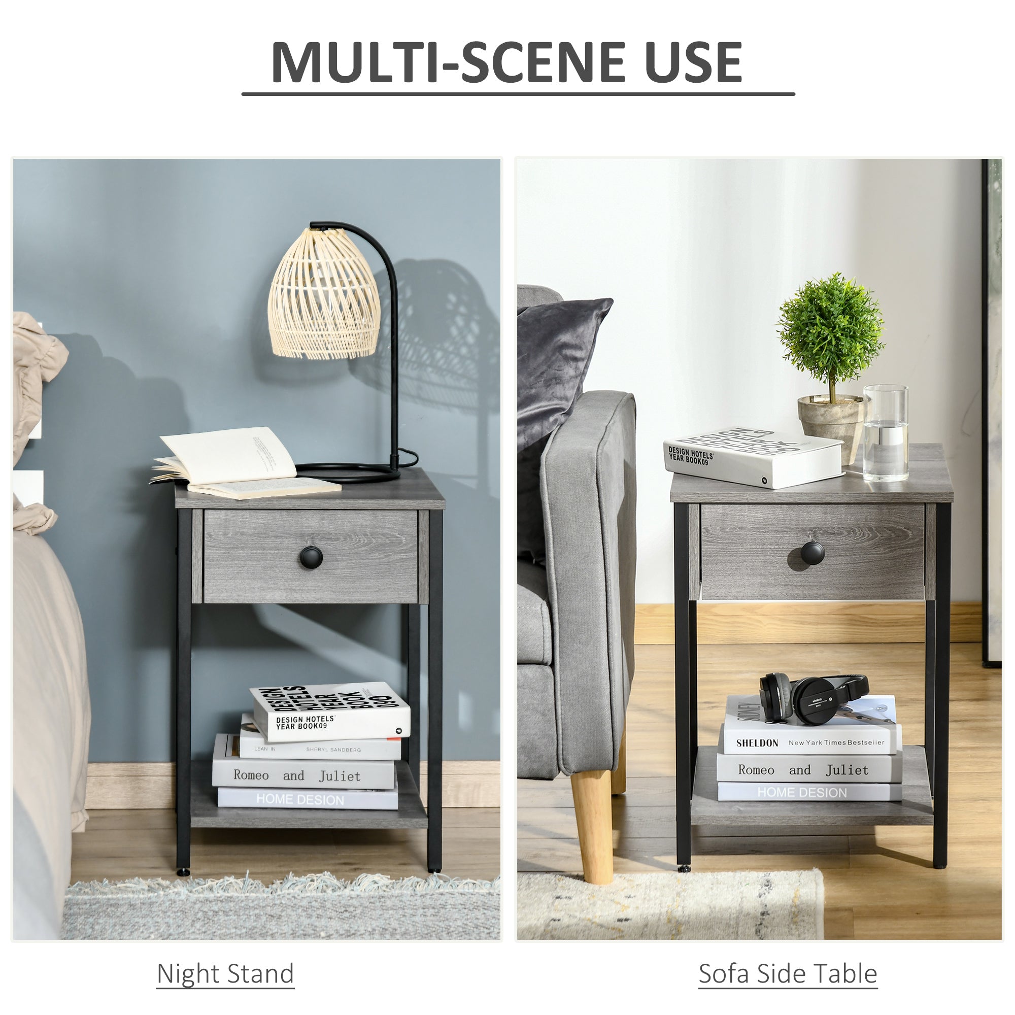 HOMCOM Bedside Table, Industrial Nightstand with Drawer and Storage Shelf, Accent End Table for Bedroom, Grey