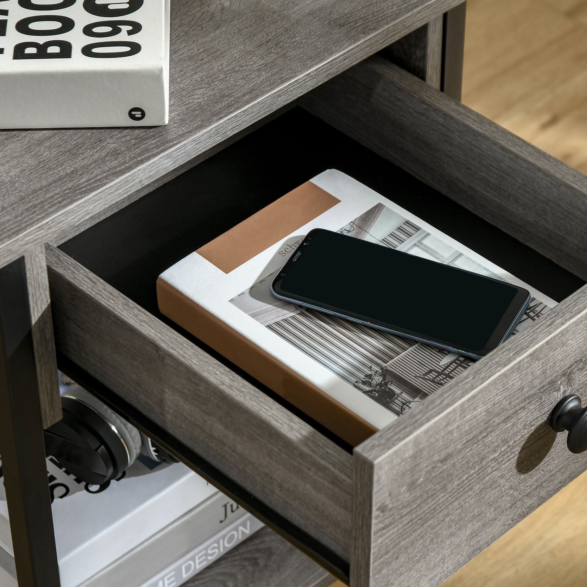 HOMCOM Bedside Table, Industrial Nightstand with Drawer and Storage Shelf, Accent End Table for Bedroom, Grey