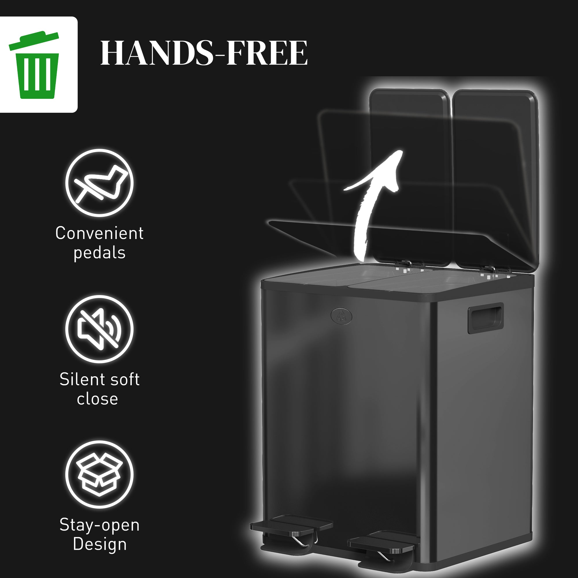 HOMCOM Dual Kitchen Garbage Bin, 2 x 5 Gallon (2 x 20 L) Trash Can with Foot Pedal, Soft-Close Garbage Can with Removable Inner Buckets, Fingerprint-Proof for Kitchen, Glossy Black
