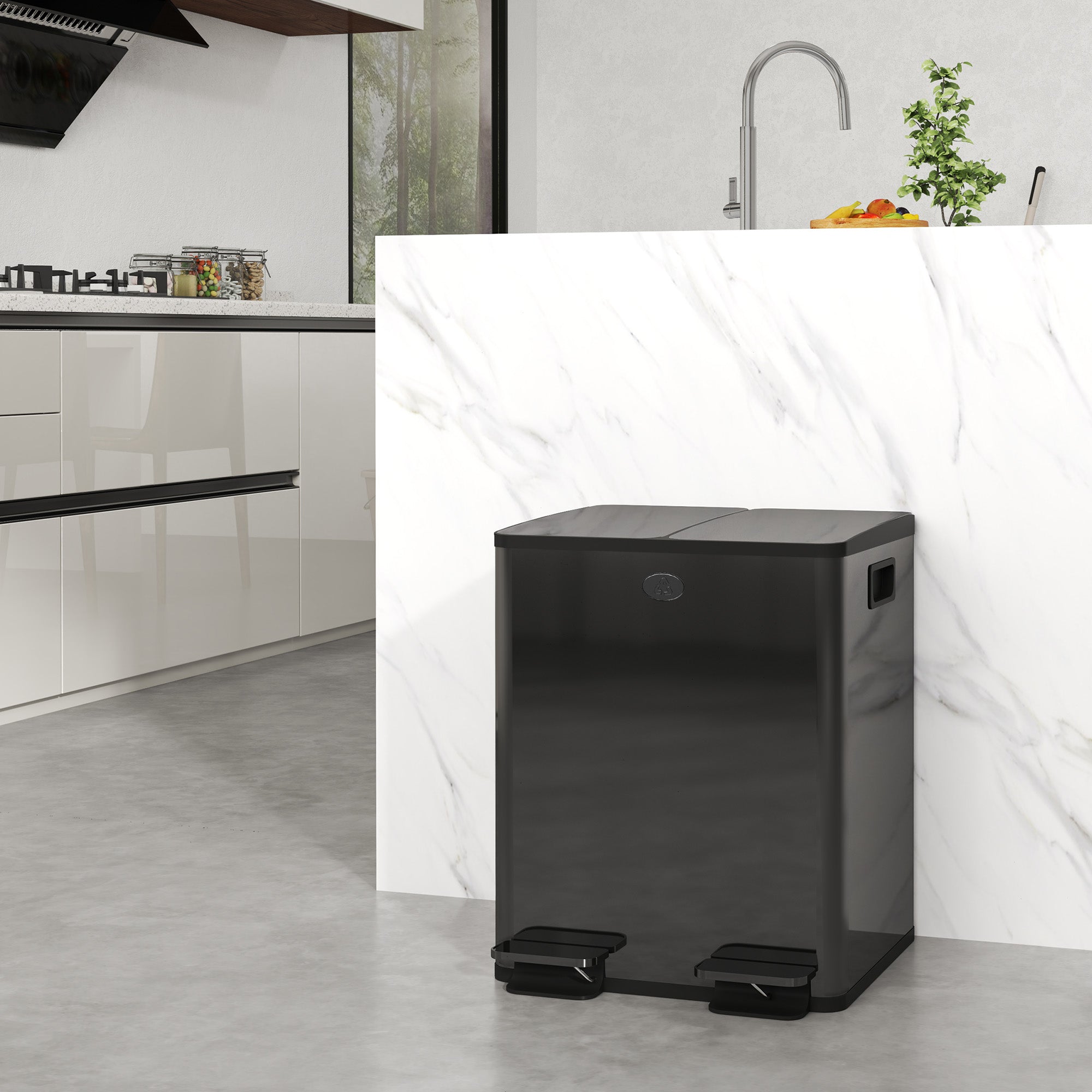 HOMCOM Dual Kitchen Garbage Bin, 2 x 5 Gallon (2 x 20 L) Trash Can with Foot Pedal, Soft-Close Garbage Can with Removable Inner Buckets, Fingerprint-Proof for Kitchen, Glossy Black