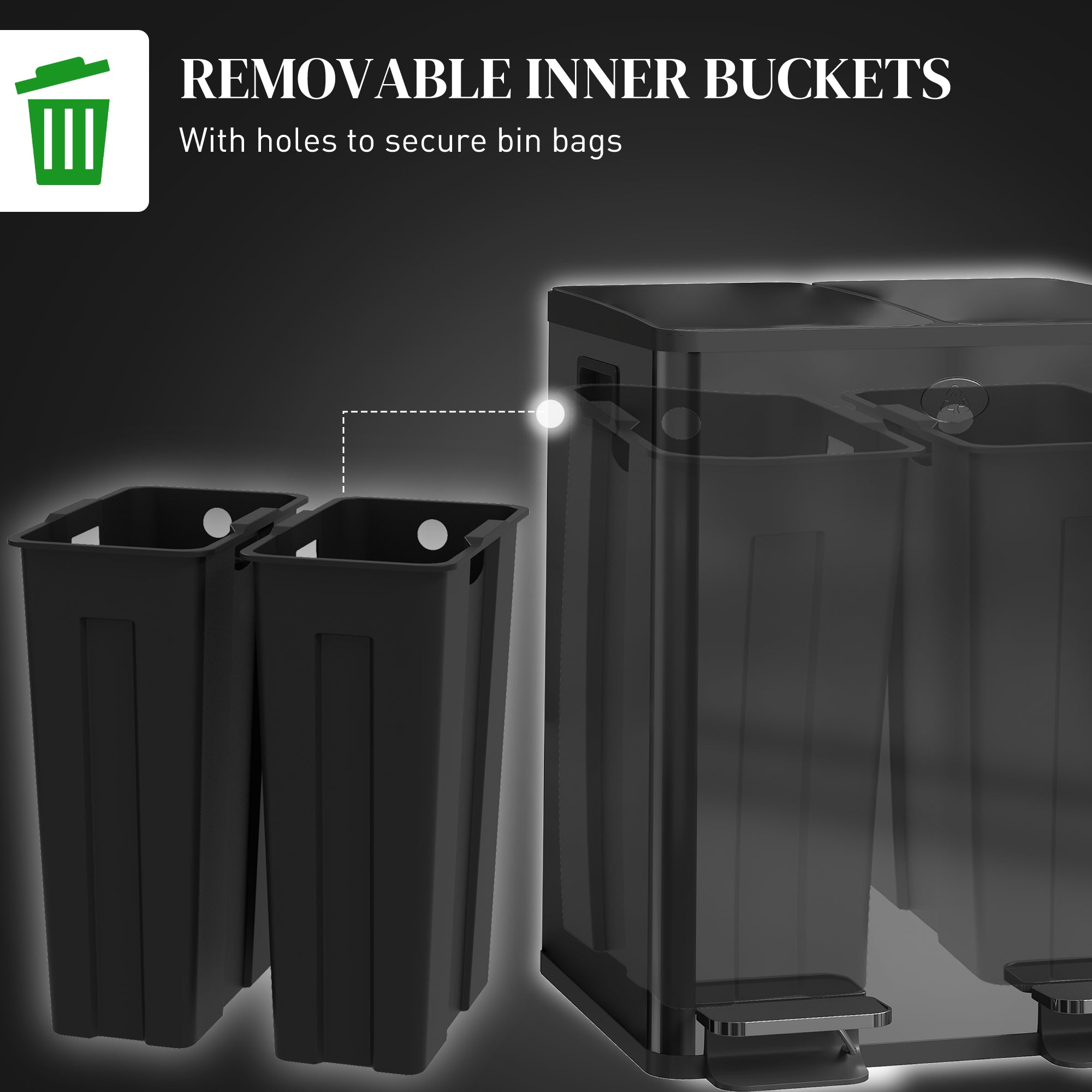 HOMCOM Dual Kitchen Garbage Bin, 2 x 5 Gallon (2 x 20 L) Trash Can with Foot Pedal, Soft-Close Garbage Can with Removable Inner Buckets, Fingerprint-Proof for Kitchen, Glossy Black