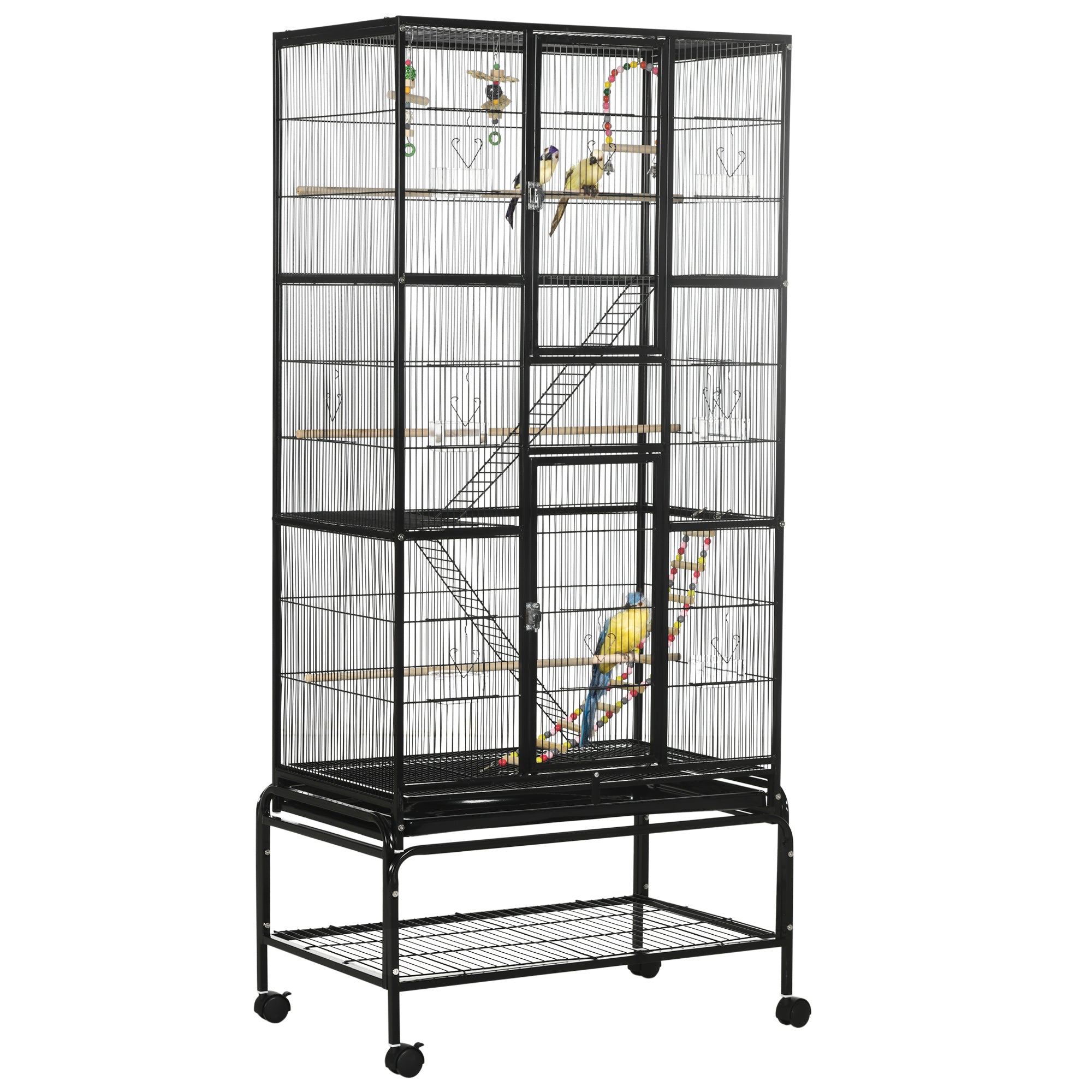PawHut 71" Bird Cage, 3 Tier Large Parrot Cage with Wheels, Perches, Ramp, Storage Shelf, Toys for Canaries, Finches, Cockatiels, Parakeets, Black