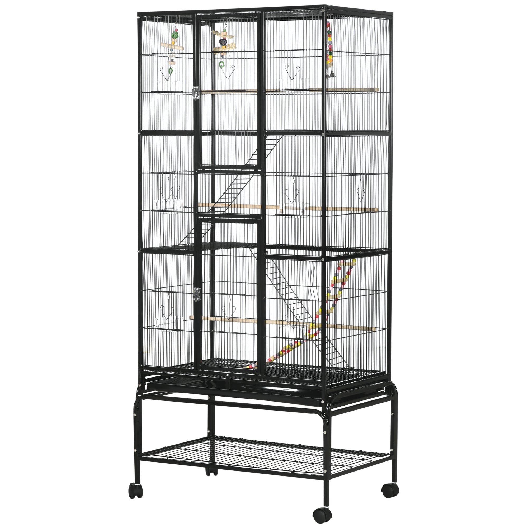PawHut 71" Bird Cage, 3 Tier Large Parrot Cage with Wheels, Perches, Ramp, Storage Shelf, Toys for Canaries, Finches, Cockatiels, Parakeets, Black