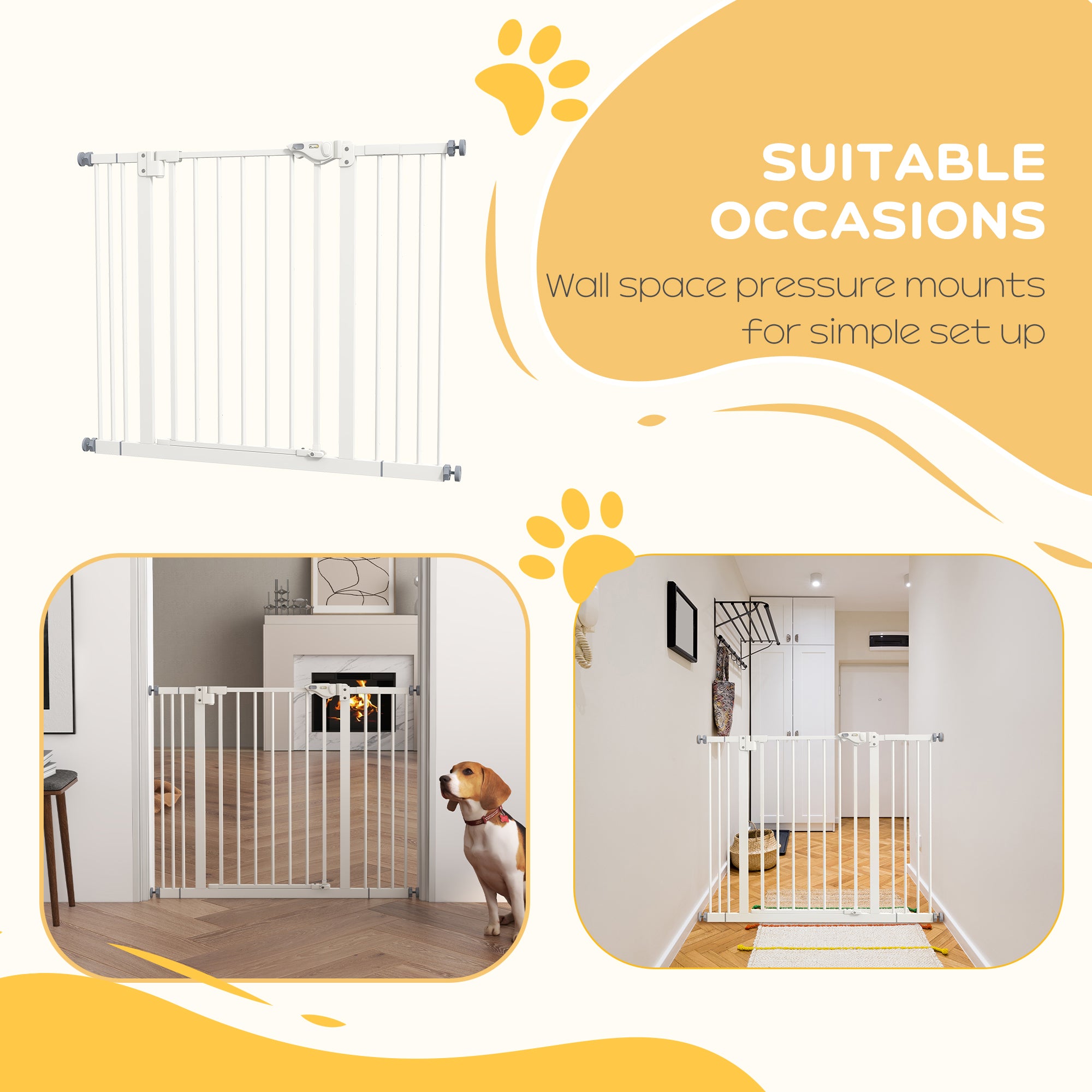 PawHut Dog Gate Stair Gate Pressure Fit Pets Barrier Auto Close for Doorway Hallway, 74-100cm Wide Adjustable, White