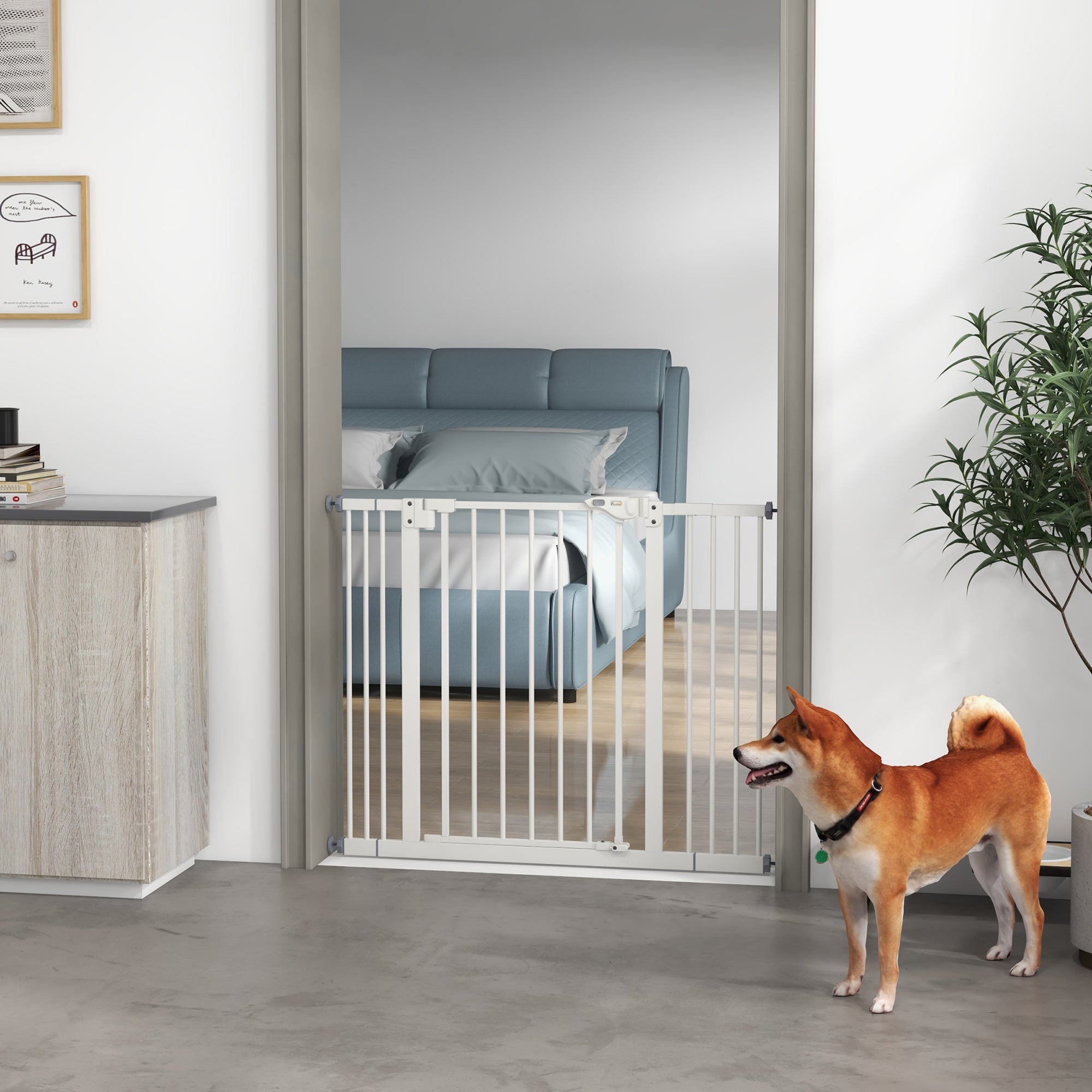 PawHut Dog Gate Stair Gate Pressure Fit Pets Barrier Auto Close for Doorway Hallway, 74-100cm Wide Adjustable, White