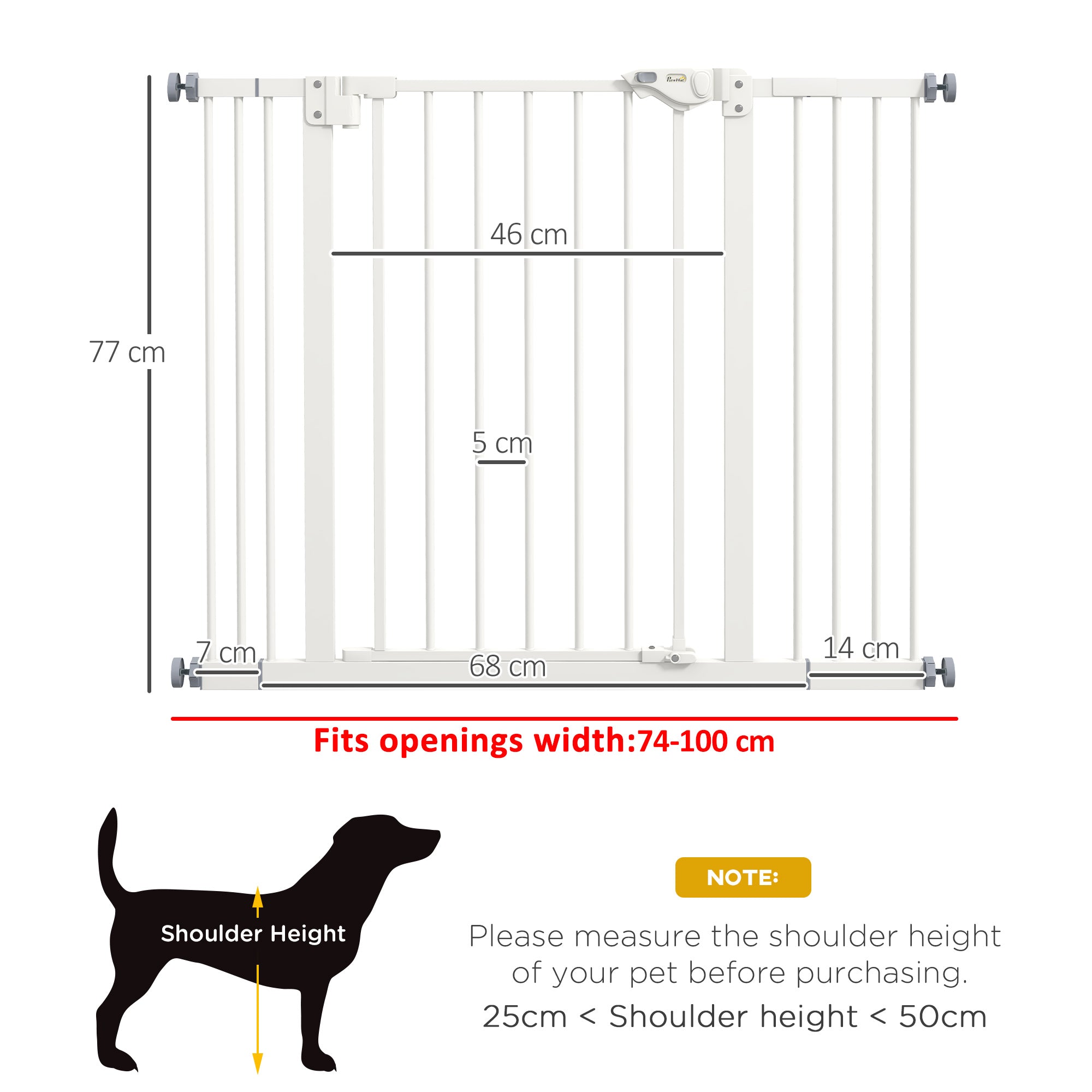 PawHut Dog Gate Stair Gate Pressure Fit Pets Barrier Auto Close for Doorway Hallway, 74-100cm Wide Adjustable, White