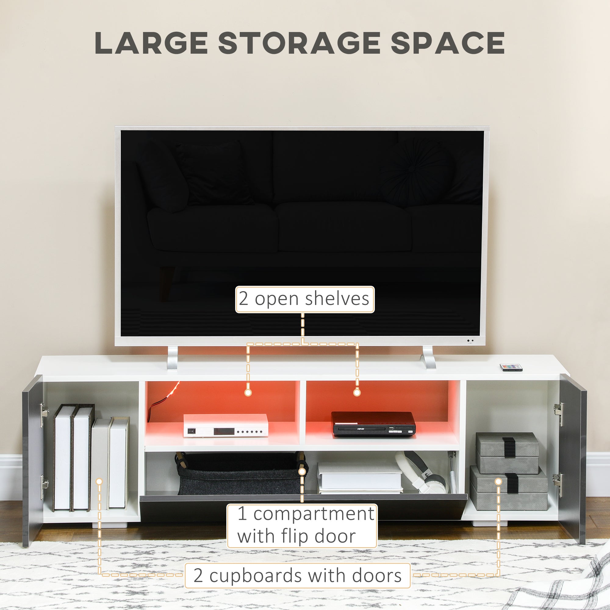 HOMCOM High Gloss TV Cabinet Stand for TVs up to 60" with LED Lights, Entertainment Center with Storage Shelves and Cupboards, Grey