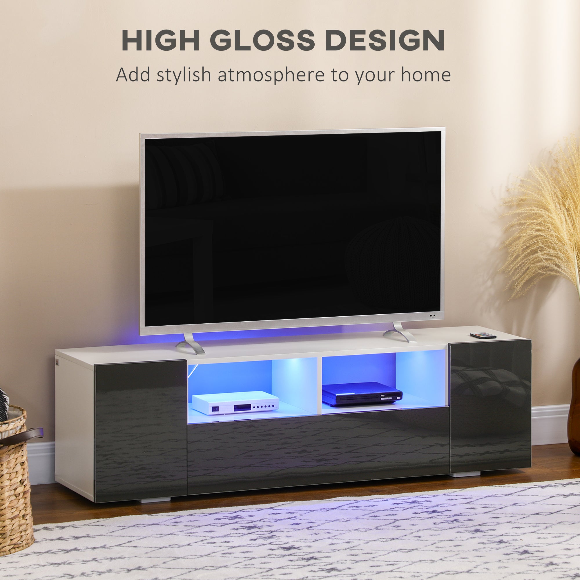 HOMCOM High Gloss TV Cabinet Stand for TVs up to 60" with LED Lights, Entertainment Center with Storage Shelves and Cupboards, Grey