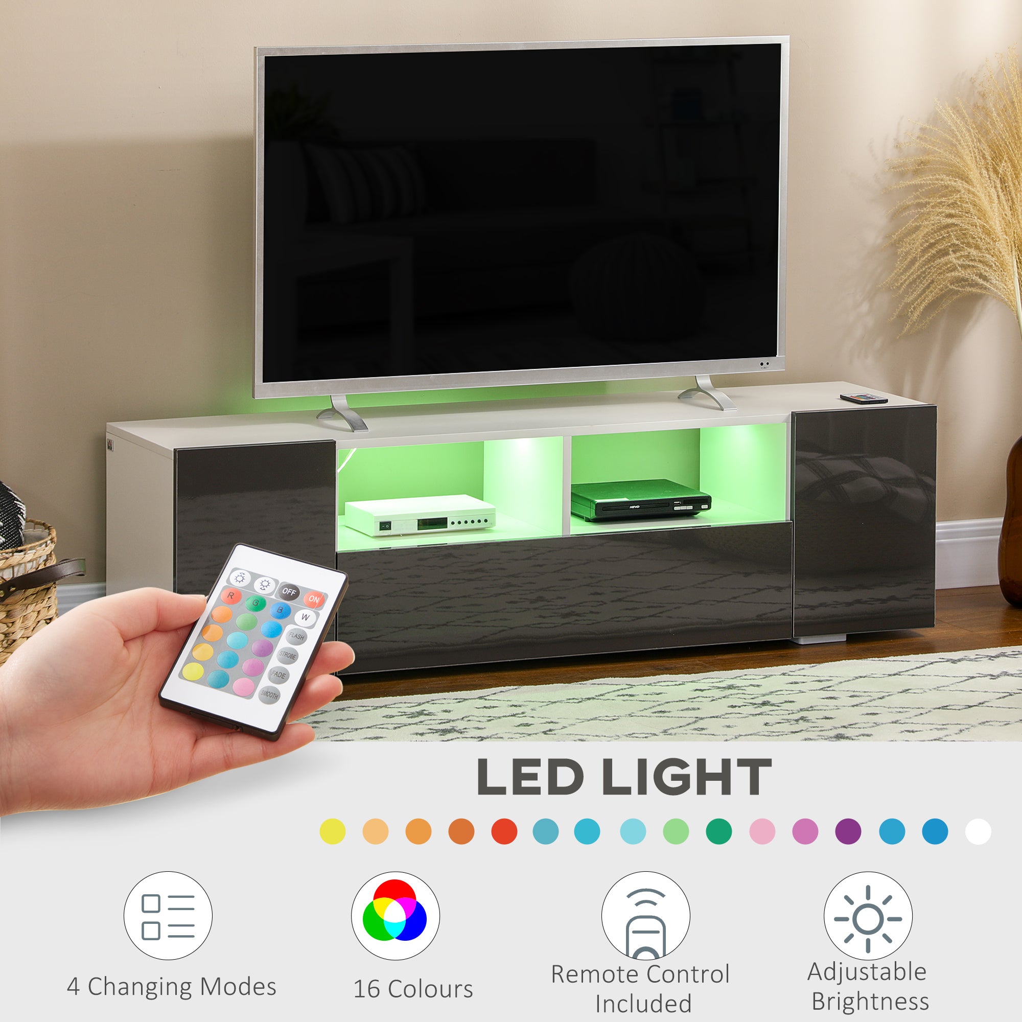 HOMCOM High Gloss TV Cabinet Stand for TVs up to 60" with LED Lights, Entertainment Center with Storage Shelves and Cupboards, Grey