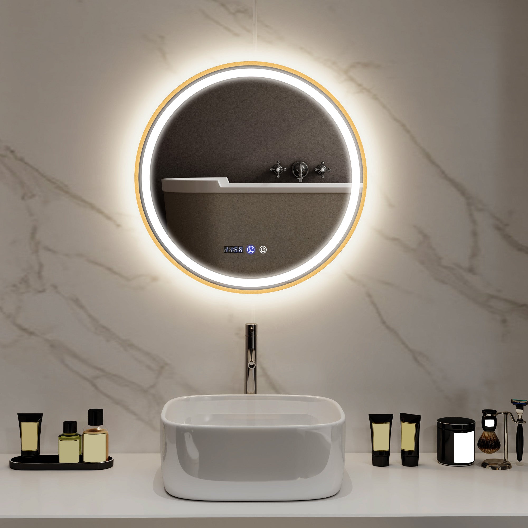 HOMCOM 24" Round LED Bathroom Mirror with Frontlit and Backlit 3 Colour and Dimmable Vanity Mirror Wall Mounted Makeup Mirror with Anti-Fog Touch Button Time and Temp Display Gold