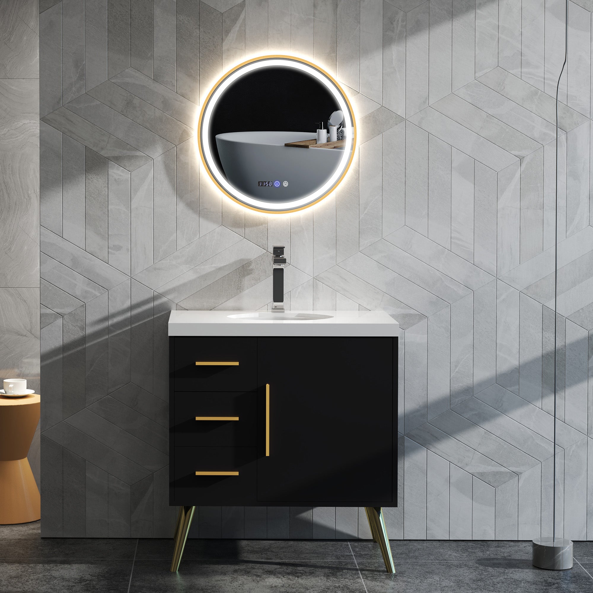 HOMCOM 24" Round LED Bathroom Mirror with Frontlit and Backlit 3 Colour and Dimmable Vanity Mirror Wall Mounted Makeup Mirror with Anti-Fog Touch Button Time and Temp Display Gold