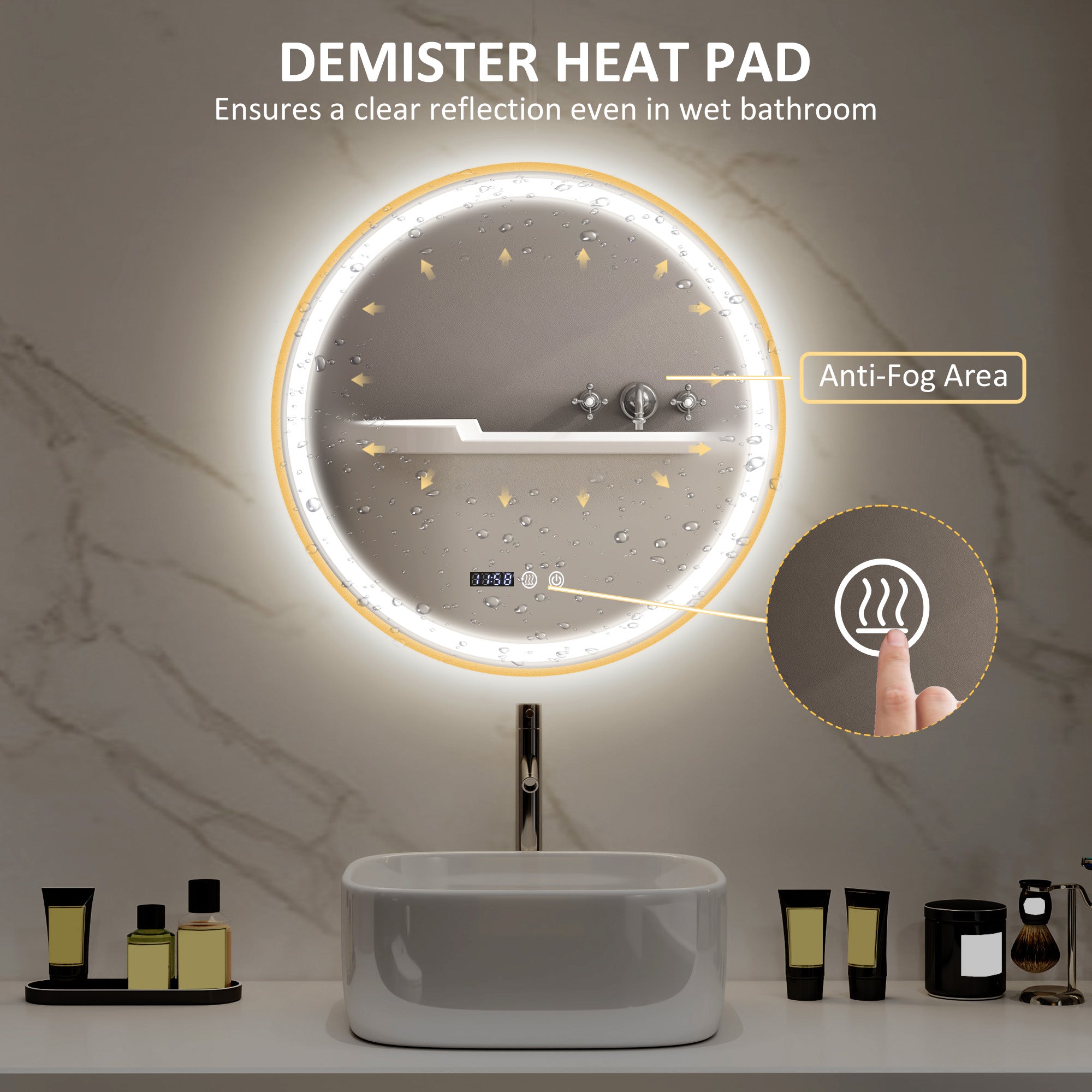 HOMCOM 24" Round LED Bathroom Mirror with Frontlit and Backlit 3 Colour and Dimmable Vanity Mirror Wall Mounted Makeup Mirror with Anti-Fog Touch Button Time and Temp Display Gold