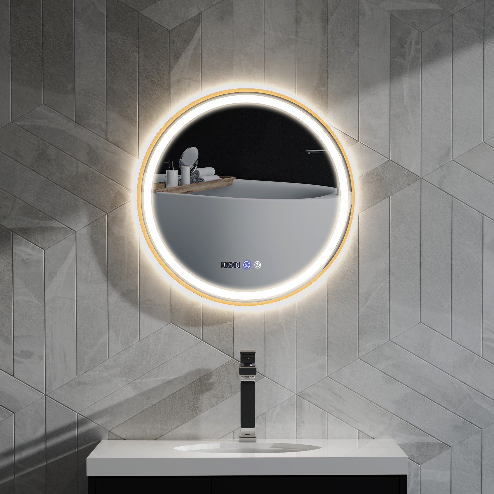 HOMCOM 24" Round LED Bathroom Mirror with Frontlit and Backlit 3 Colour and Dimmable Vanity Mirror Wall Mounted Makeup Mirror with Anti-Fog Touch Button Time and Temp Display Gold
