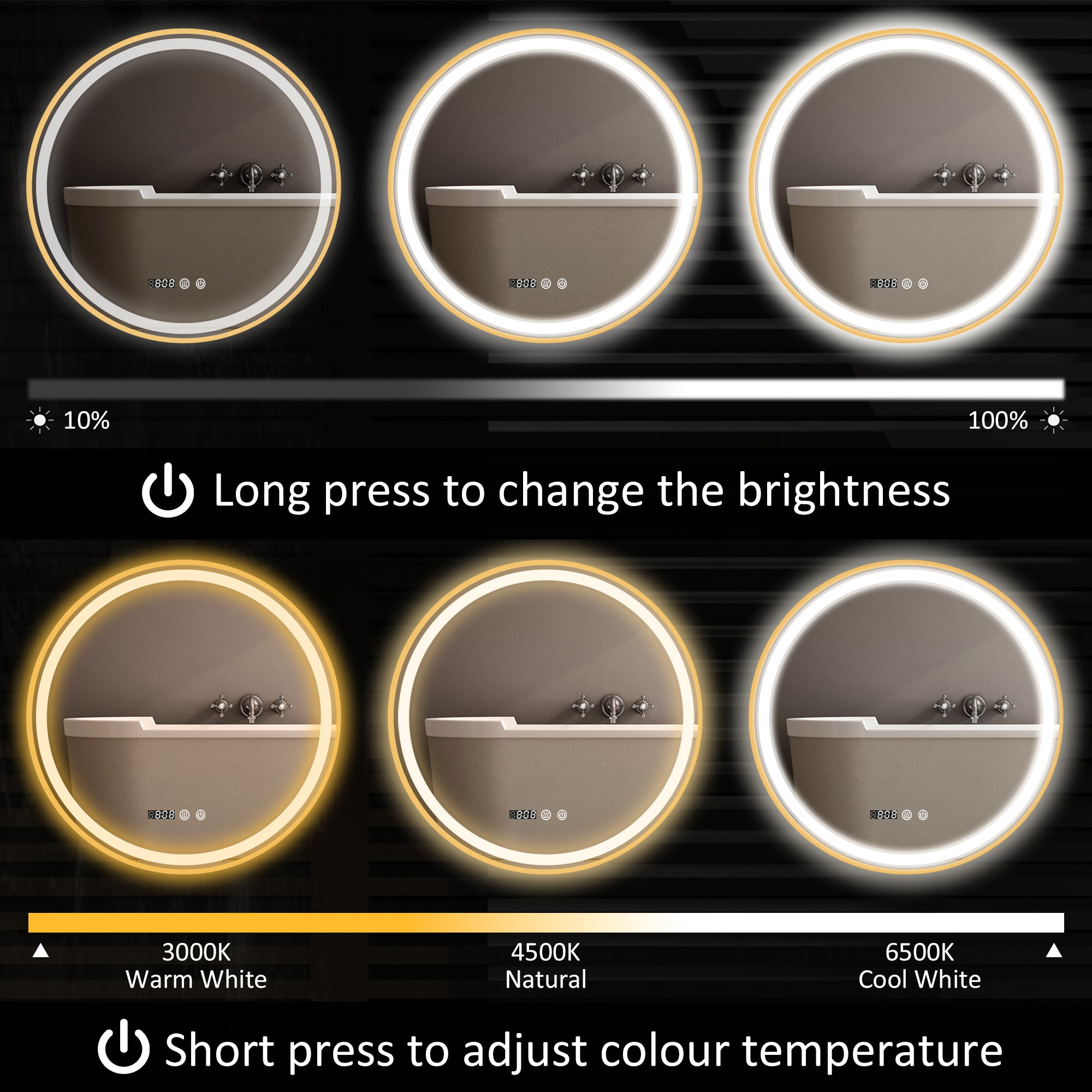 HOMCOM 24" Round LED Bathroom Mirror with Frontlit and Backlit 3 Colour and Dimmable Vanity Mirror Wall Mounted Makeup Mirror with Anti-Fog Touch Button Time and Temp Display Gold