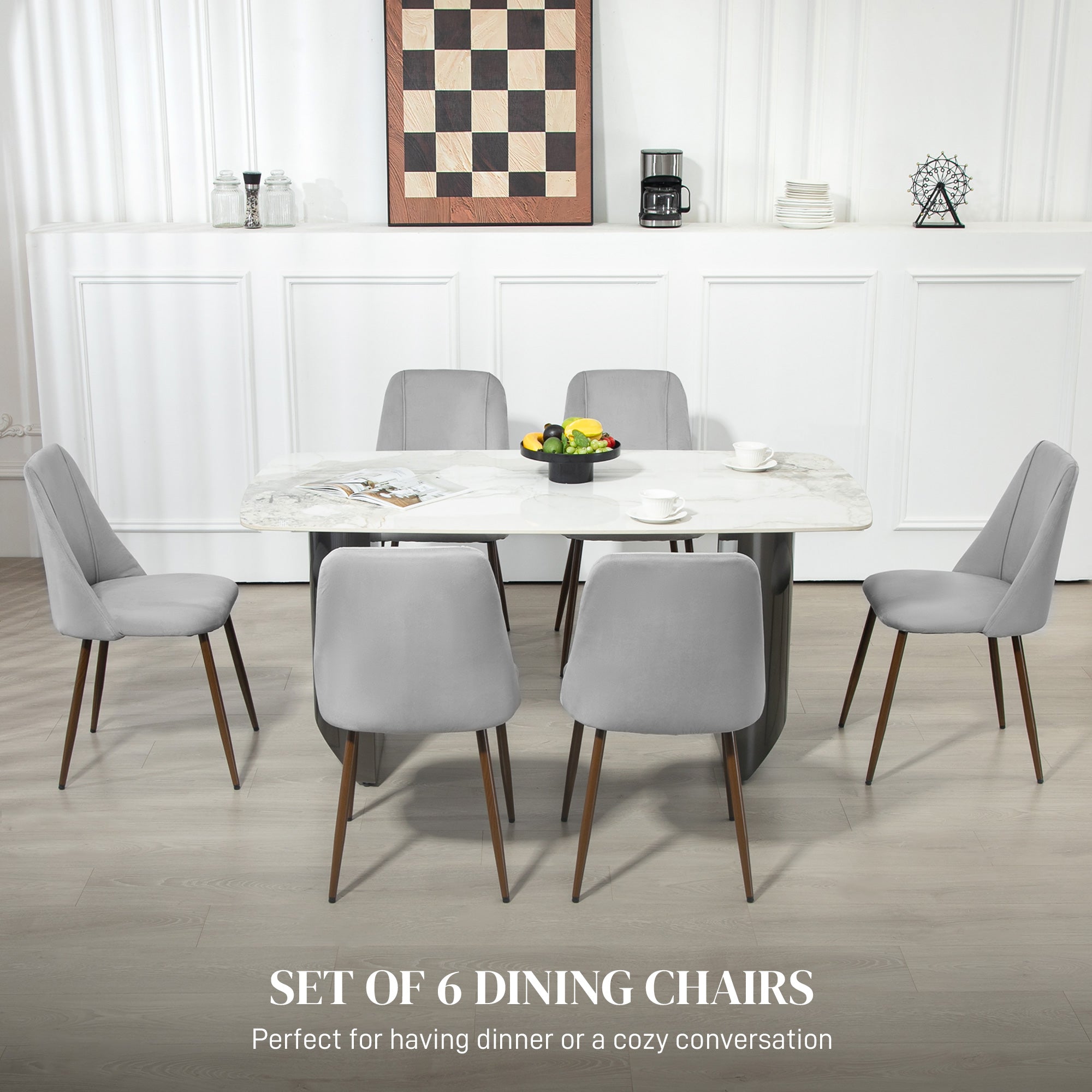 HOMCOM Dining Chairs Set of 6, Modern Kitchen Chairs with Velvet-touch Upholstery, Curved Back and Wood-grain Steel Legs, Accent Chairs for Living Room, Bedroom, Grey