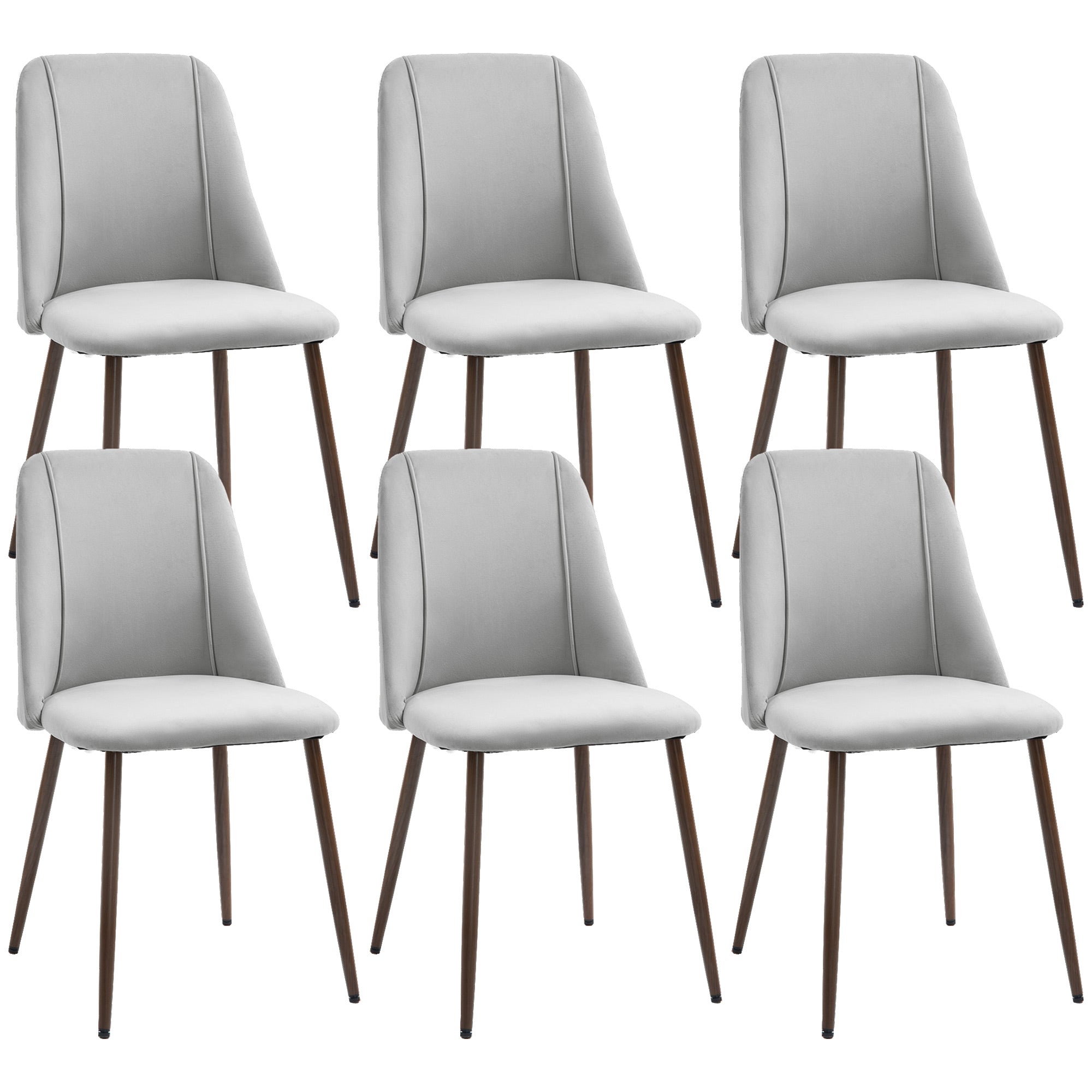 HOMCOM Dining Chairs Set of 6, Modern Kitchen Chairs with Velvet-touch Upholstery, Curved Back and Wood-grain Steel Legs, Accent Chairs for Living Room, Bedroom, Grey