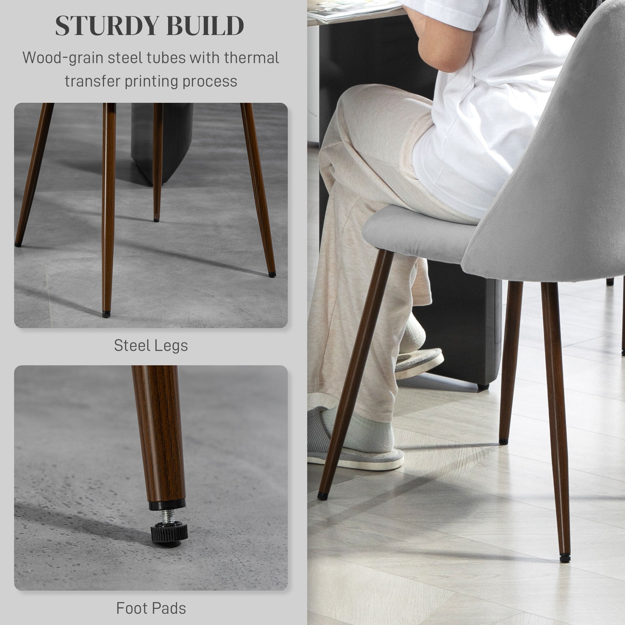 HOMCOM Dining Chairs Set of 6, Modern Kitchen Chairs with Velvet-touch Upholstery, Curved Back and Wood-grain Steel Legs, Accent Chairs for Living Room, Bedroom, Grey