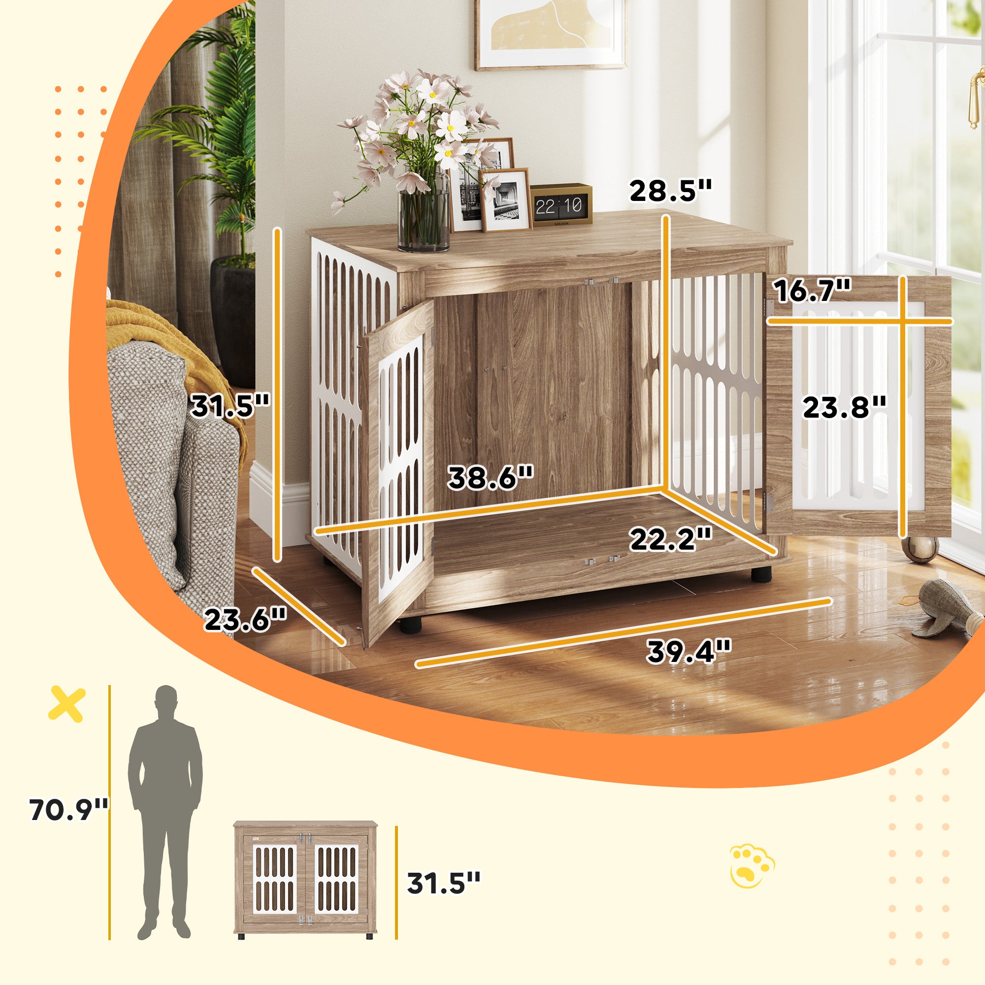 PawHut Dog Crate Furniture, 39" Dog Kennel Side Table with 2 Doors, Adjustable Non-slip Foot Mats, Decorative Pet Cage for Large Dogs, Walnut Brown