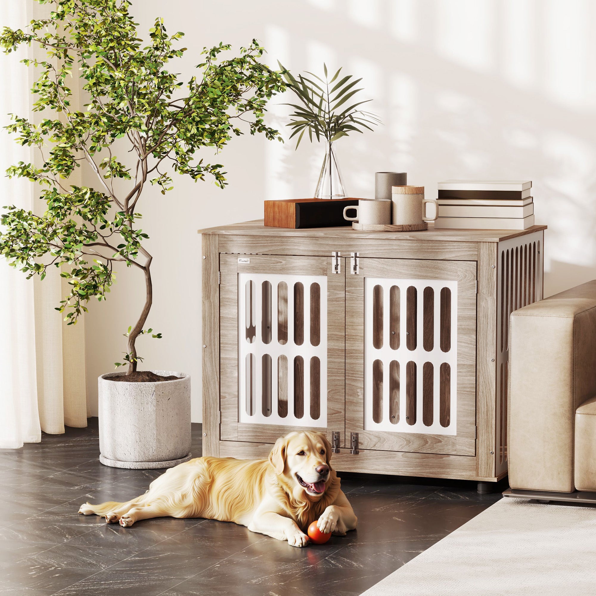 PawHut Dog Crate Furniture, 39" Dog Kennel Side Table with 2 Doors, Adjustable Non-slip Foot Mats, Decorative Pet Cage for Large Dogs, Walnut Brown