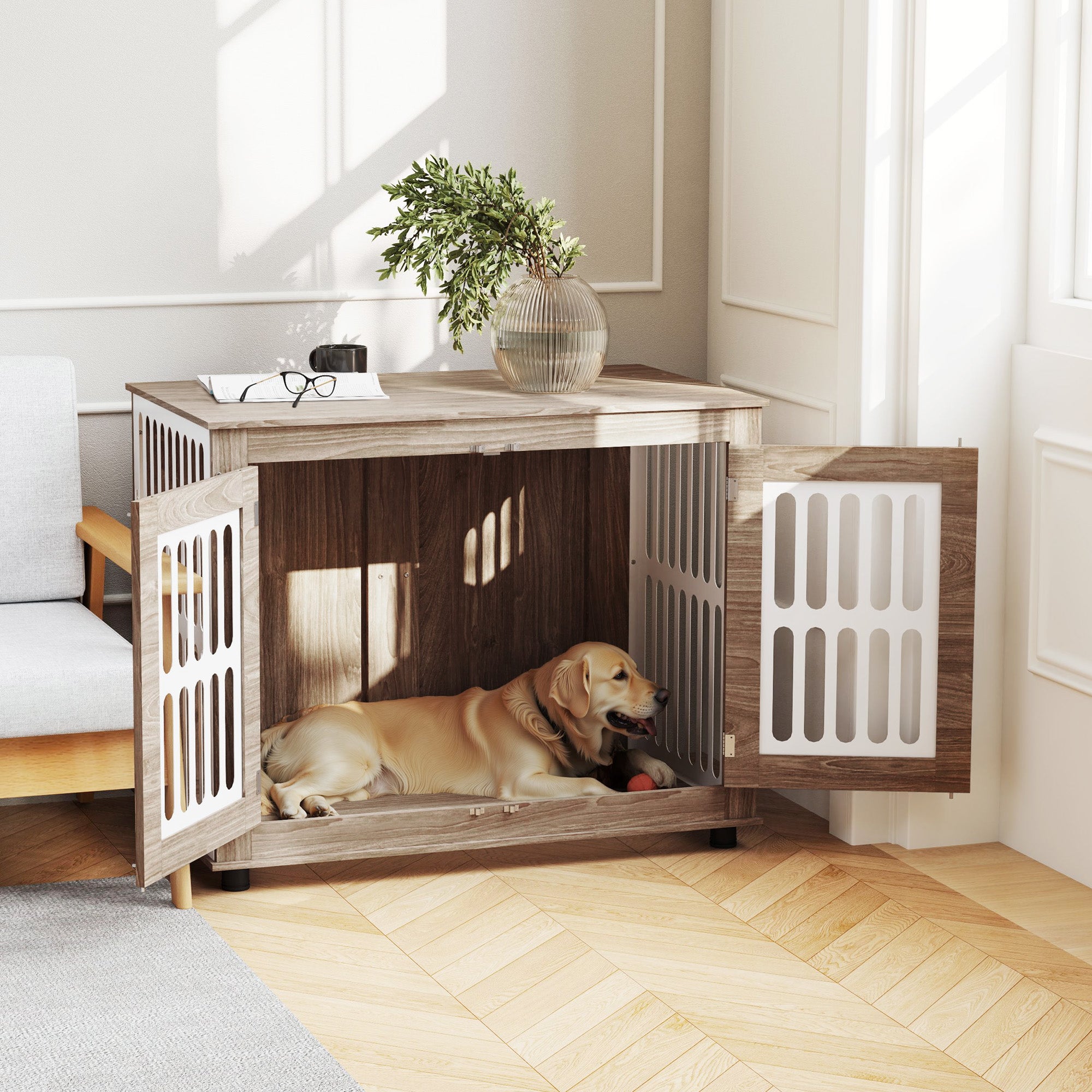 PawHut Dog Crate Furniture, 39" Dog Kennel Side Table with 2 Doors, Adjustable Non-slip Foot Mats, Decorative Pet Cage for Large Dogs, Walnut Brown