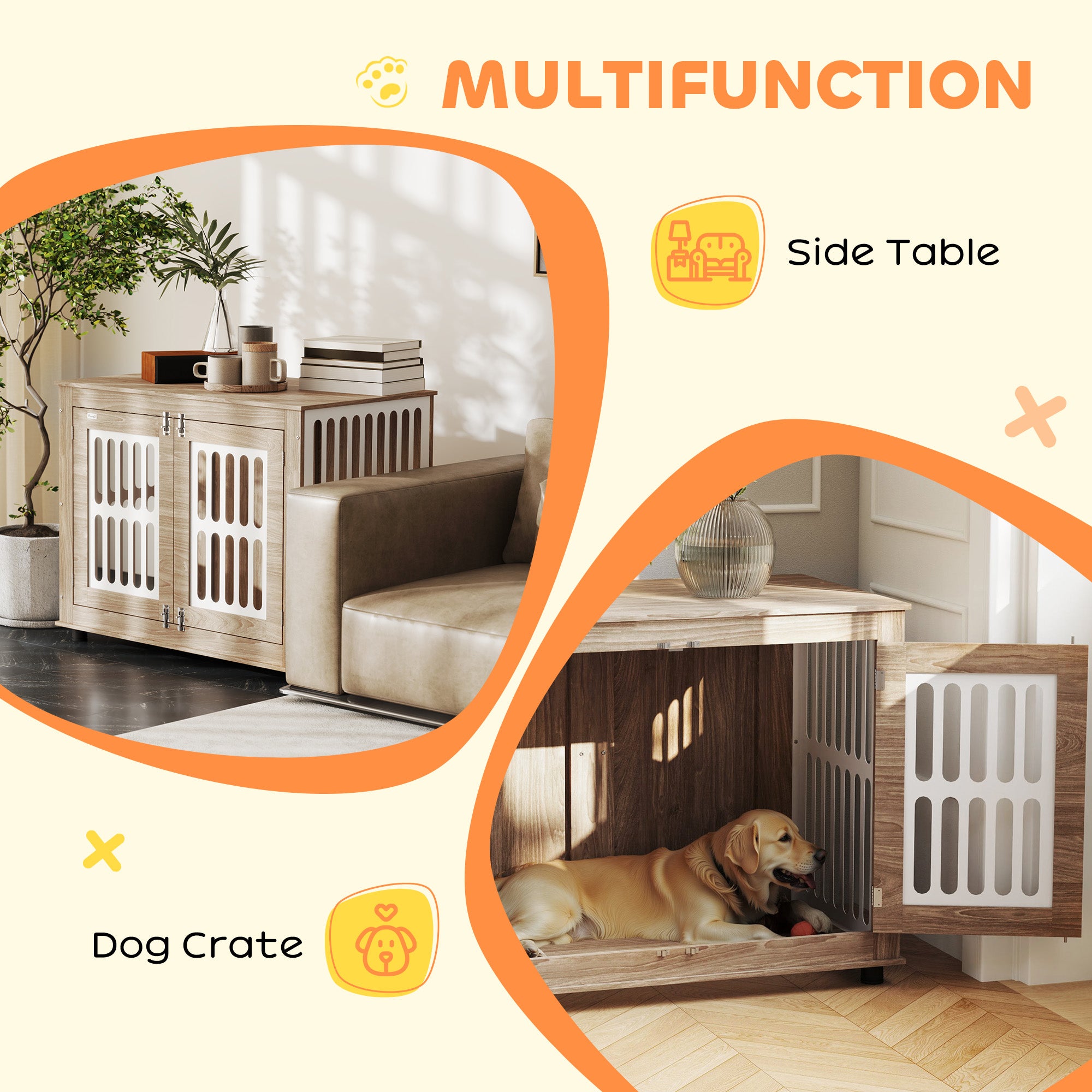 PawHut Dog Crate Furniture, 39" Dog Kennel Side Table with 2 Doors, Adjustable Non-slip Foot Mats, Decorative Pet Cage for Large Dogs, Walnut Brown