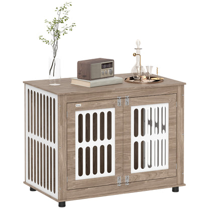 PawHut Dog Crate Furniture, 39" Dog Kennel Side Table with 2 Doors, Adjustable Non-slip Foot Mats, Decorative Pet Cage for Large Dogs, Walnut Brown