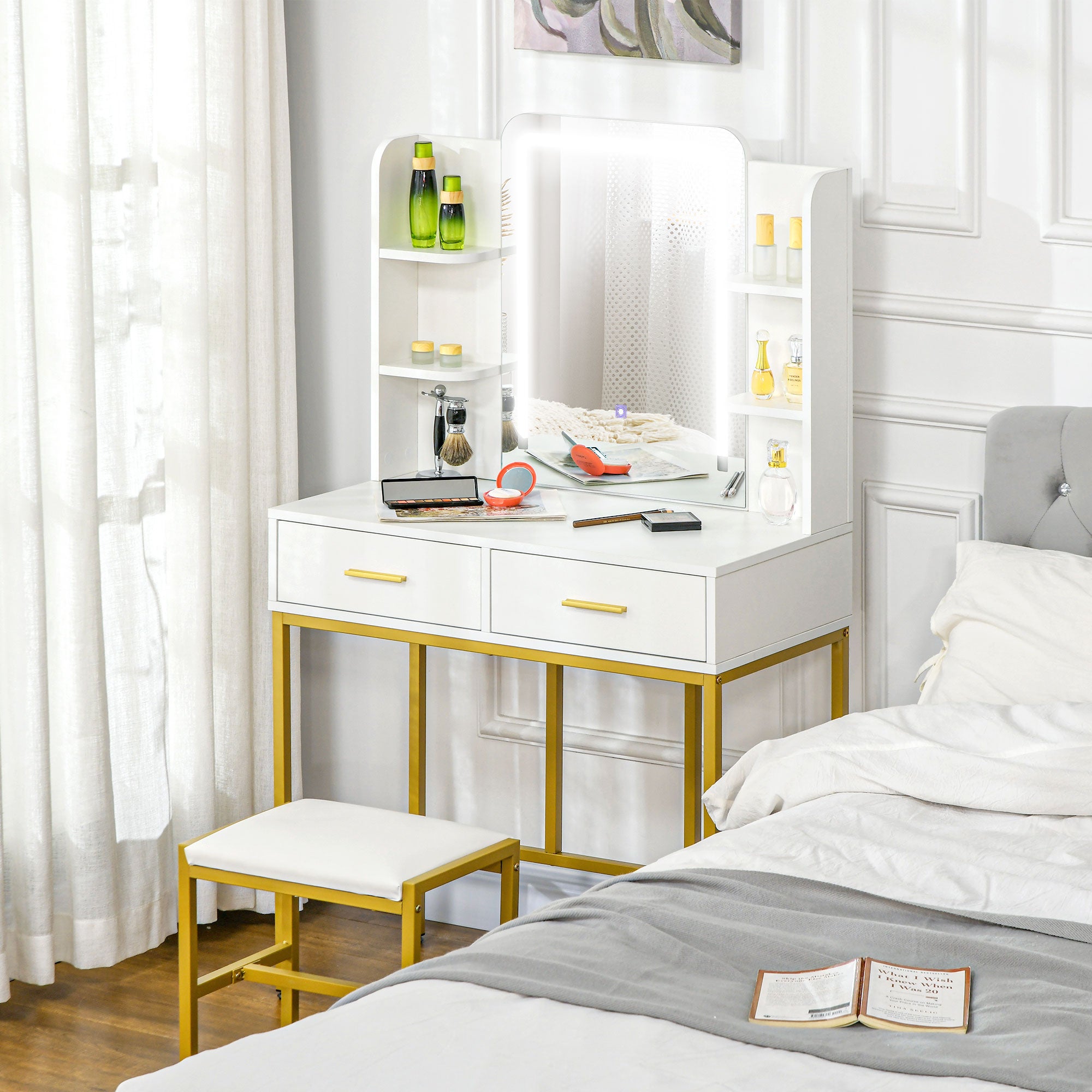 HOMCOM Vanity Set with Mirror, Stool, 3 Colour LED Lights, Makeup Vanity Desk with Drawers and Shelves, Modern Dressing Table for Bedroom, White