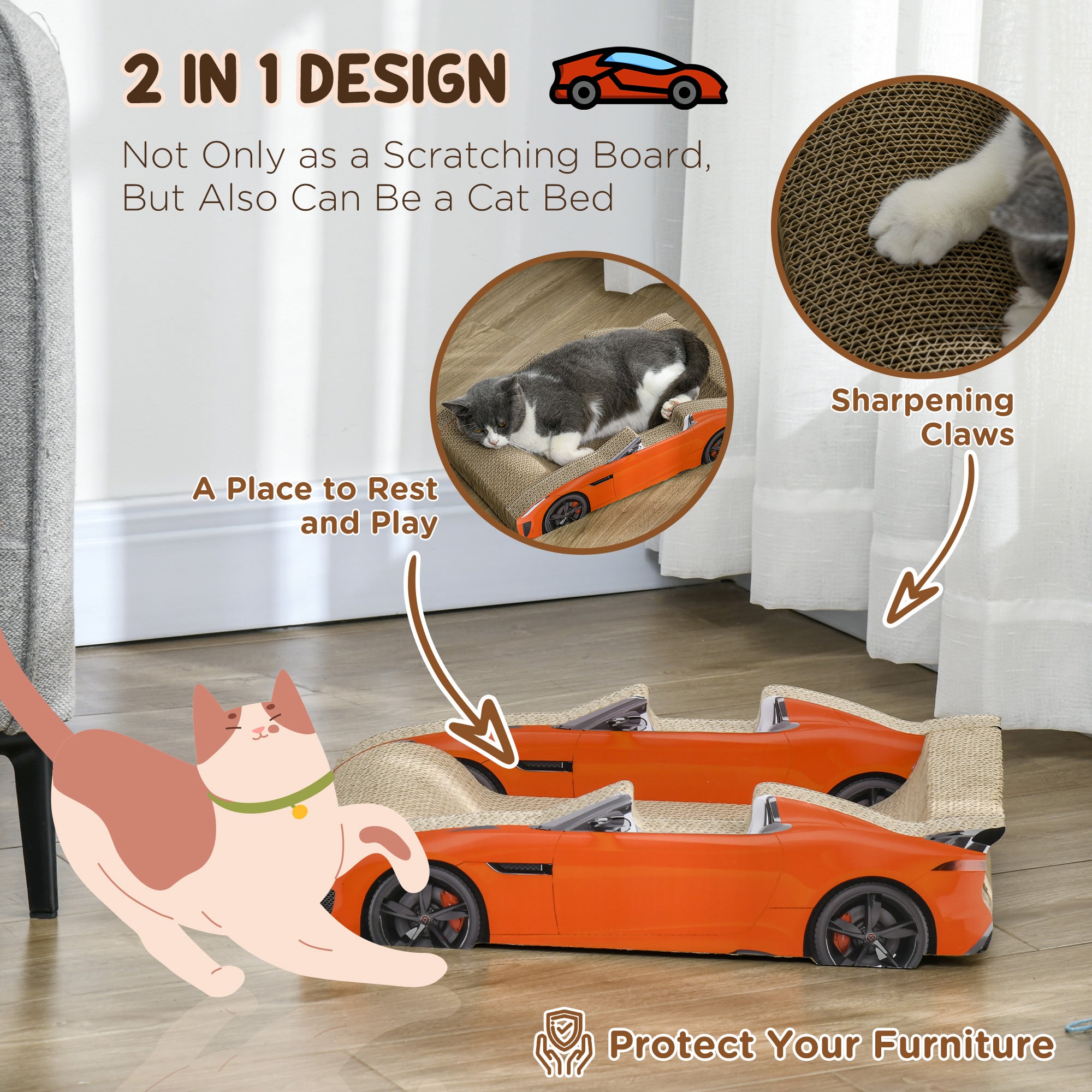 PawHut Cat Scratching Board, 2 in 1 Cat Scratcher Cardboard, Car-shaped Cat Scratch with Catnip, for Indoor Use, 50 x 30 x 12.5cm, Red