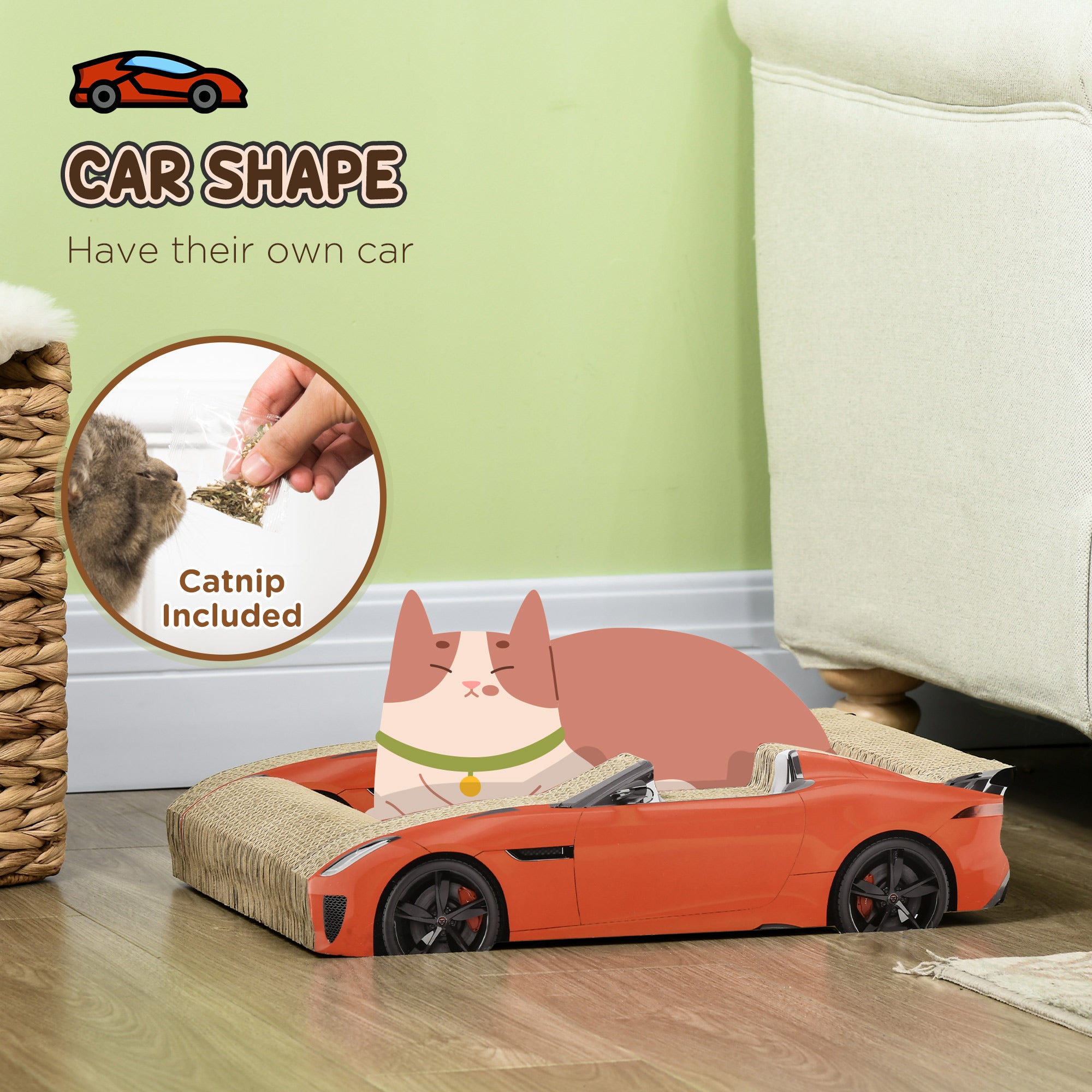 PawHut Cat Scratching Board, 2 in 1 Cat Scratcher Cardboard, Car-shaped Cat Scratch with Catnip, for Indoor Use, 50 x 30 x 12.5cm, Red