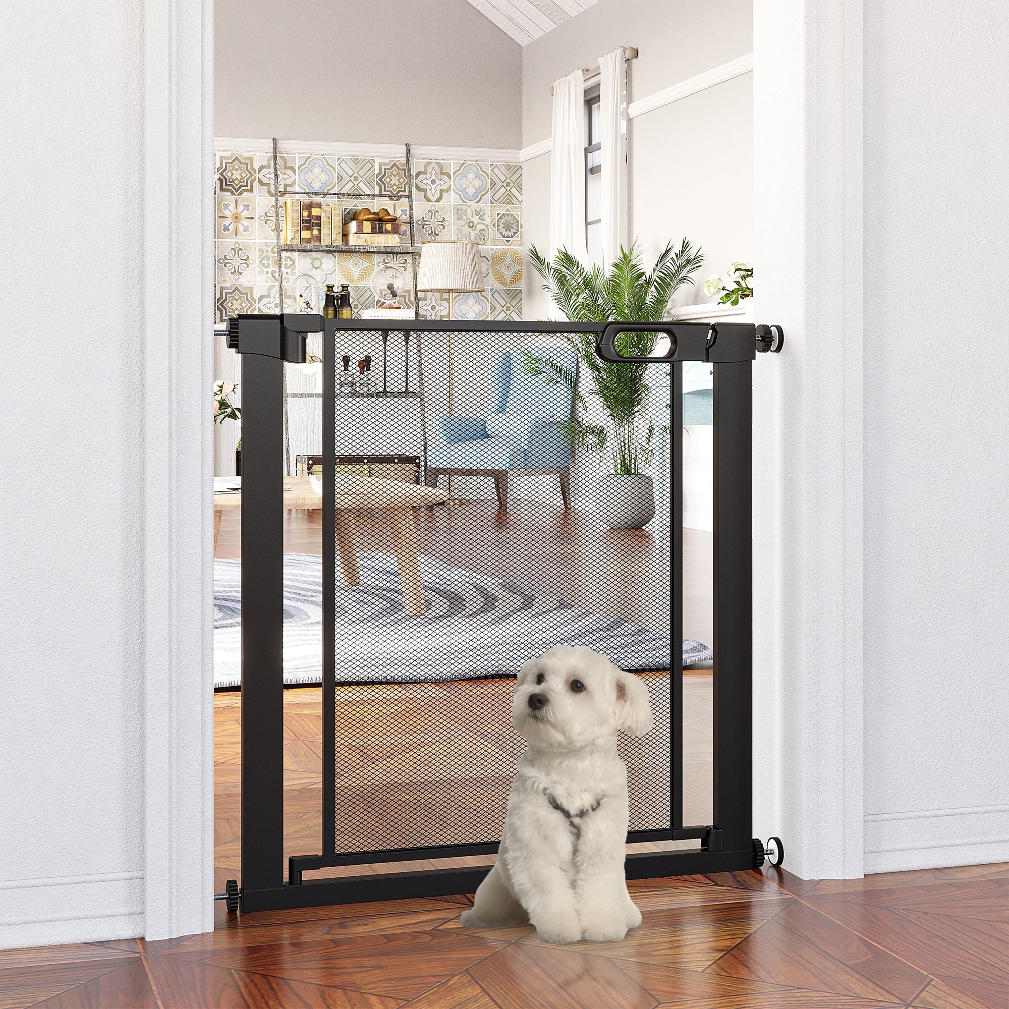 PawHut 29.5"-32.3" Metal Pet Gate, w/ Auto Closing Door, Double Locking, Dog Gate for Doorways, Stairs, Hallways, Indoor/Outdoor, Black