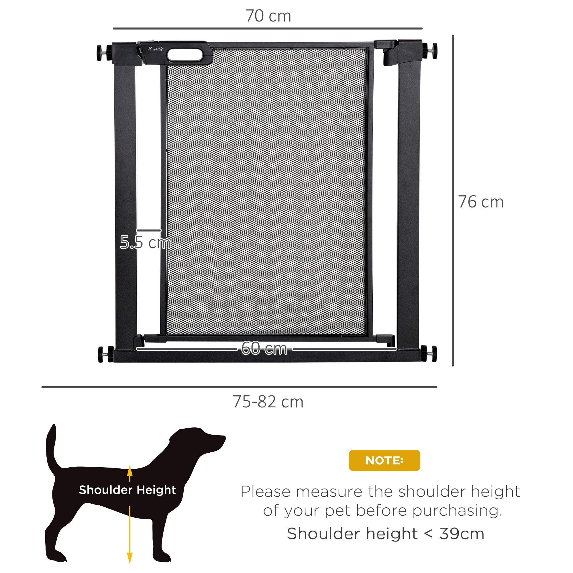PawHut Pressure Fit Safety Gate for Doorways and Staircases, Dog Gate w/ Auto Closing Door, Pet Barrier for Hallways w/ Double Locking, Openings 75-82 cm - Black