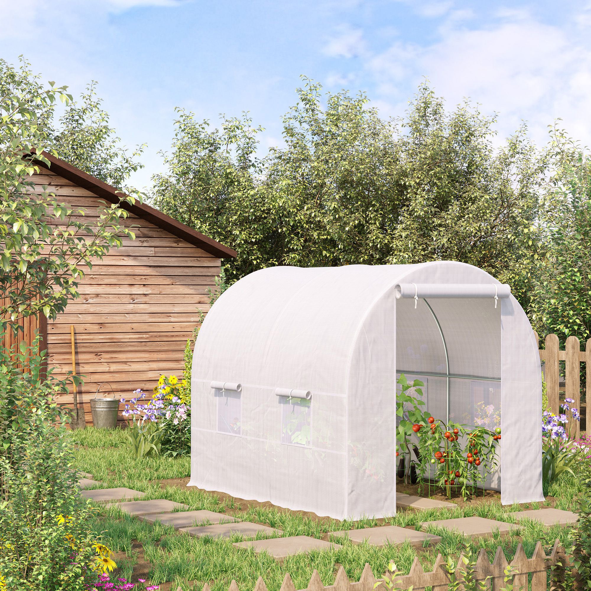 Outsunny 8 x 6.6 x 6.6ft Walk-in Tunnel Greenhouse Portable Garden Plant Growing Warm House with Door and Ventilation Window White