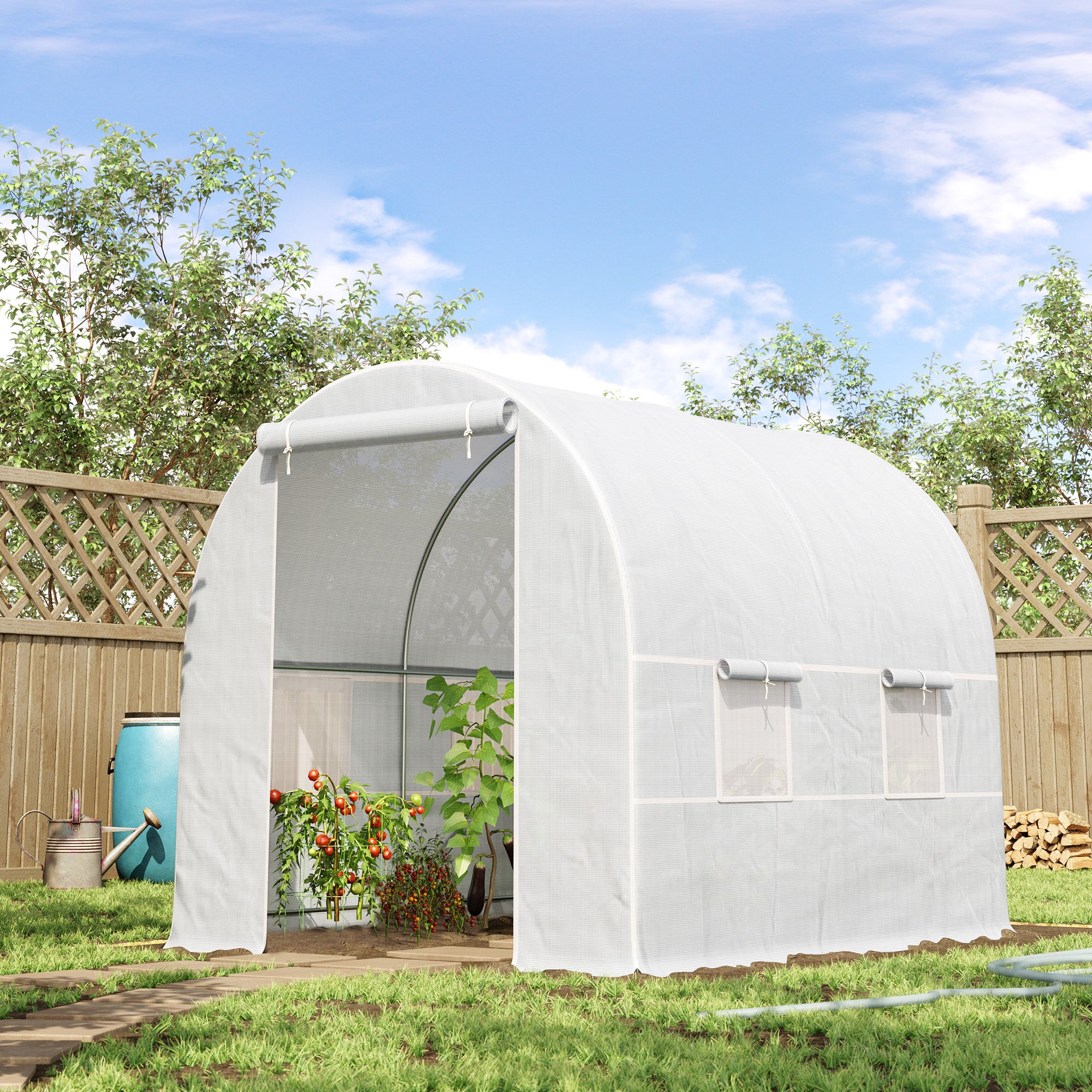 Outsunny 8 x 6.6 x 6.6ft Walk-in Tunnel Greenhouse Portable Garden Plant Growing Warm House with Door and Ventilation Window White